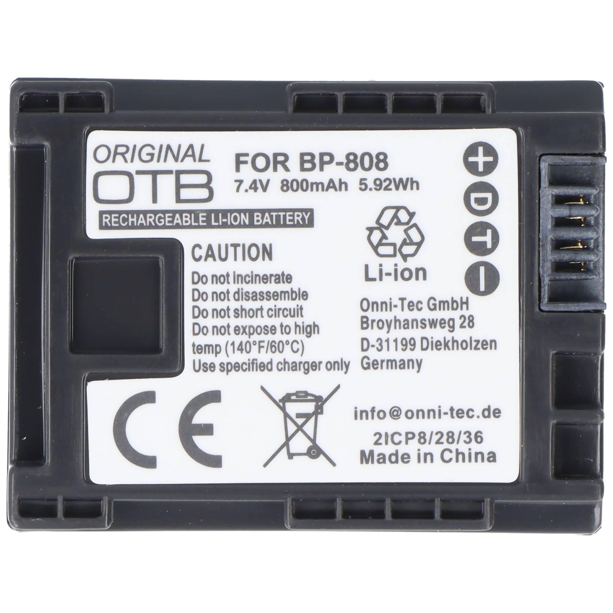 Schwarzer aufladbarer Li-Ionen-Kamerakakku mit der Bezeichnung „ORIGINAL OTB FOR BP-808