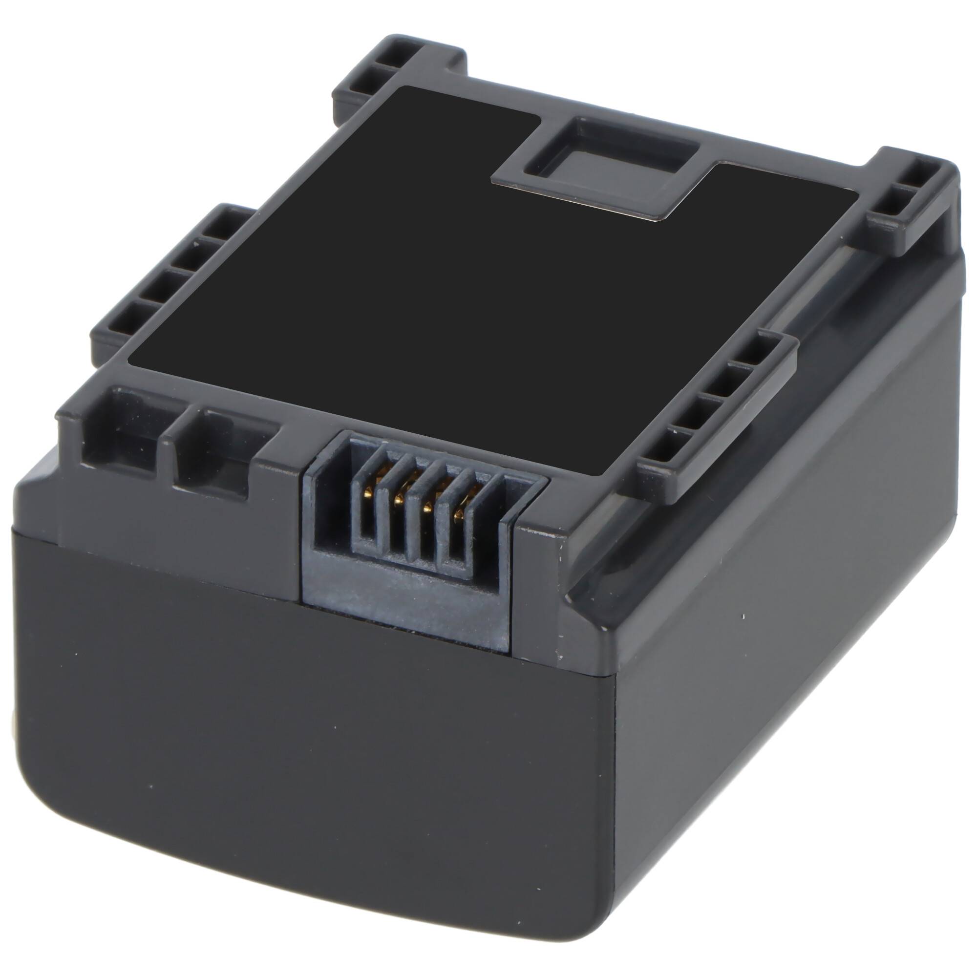 Schwarzes rechteckiges Batteriepack oder elektronisches Modul mit freiliegenden Steckerkontakten auf weißem Hintergrund.