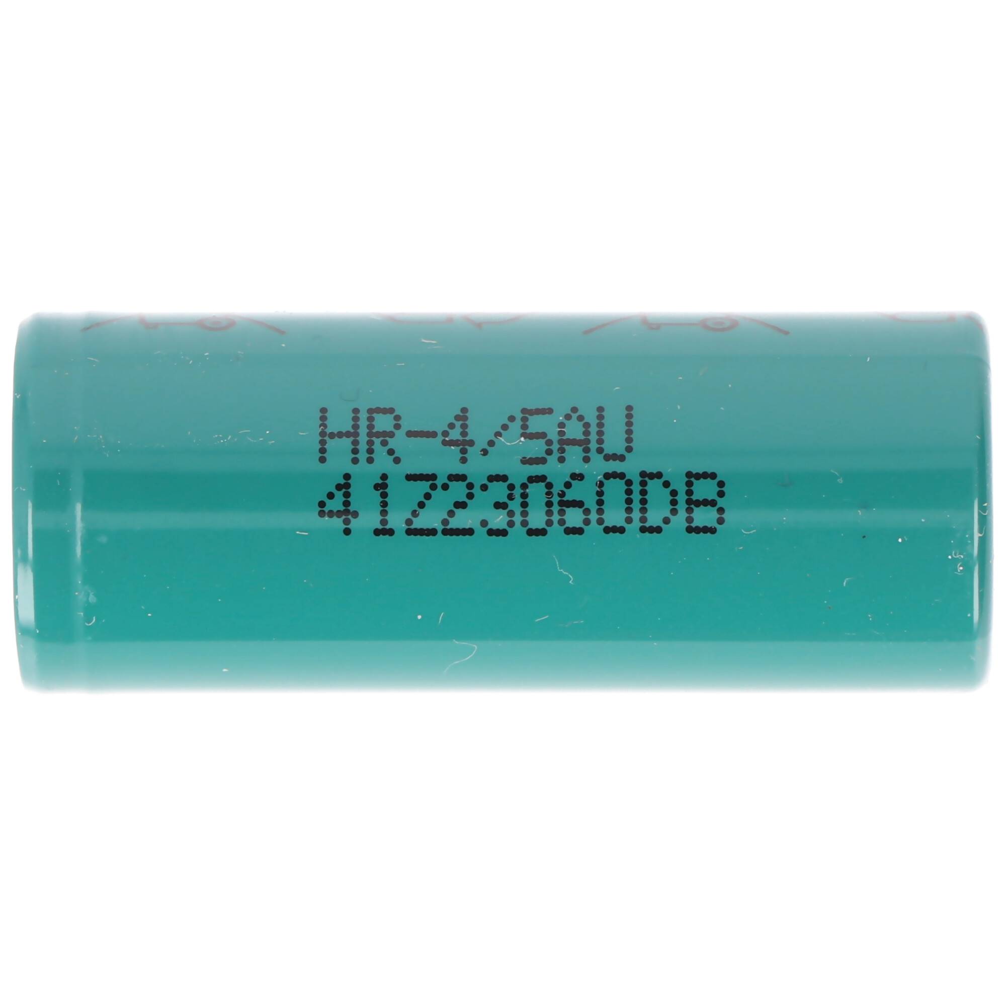 Türkisfarbene zylindrische Batteriezelle mit bedrucktem Text „HR-4/5AU 41223060DB