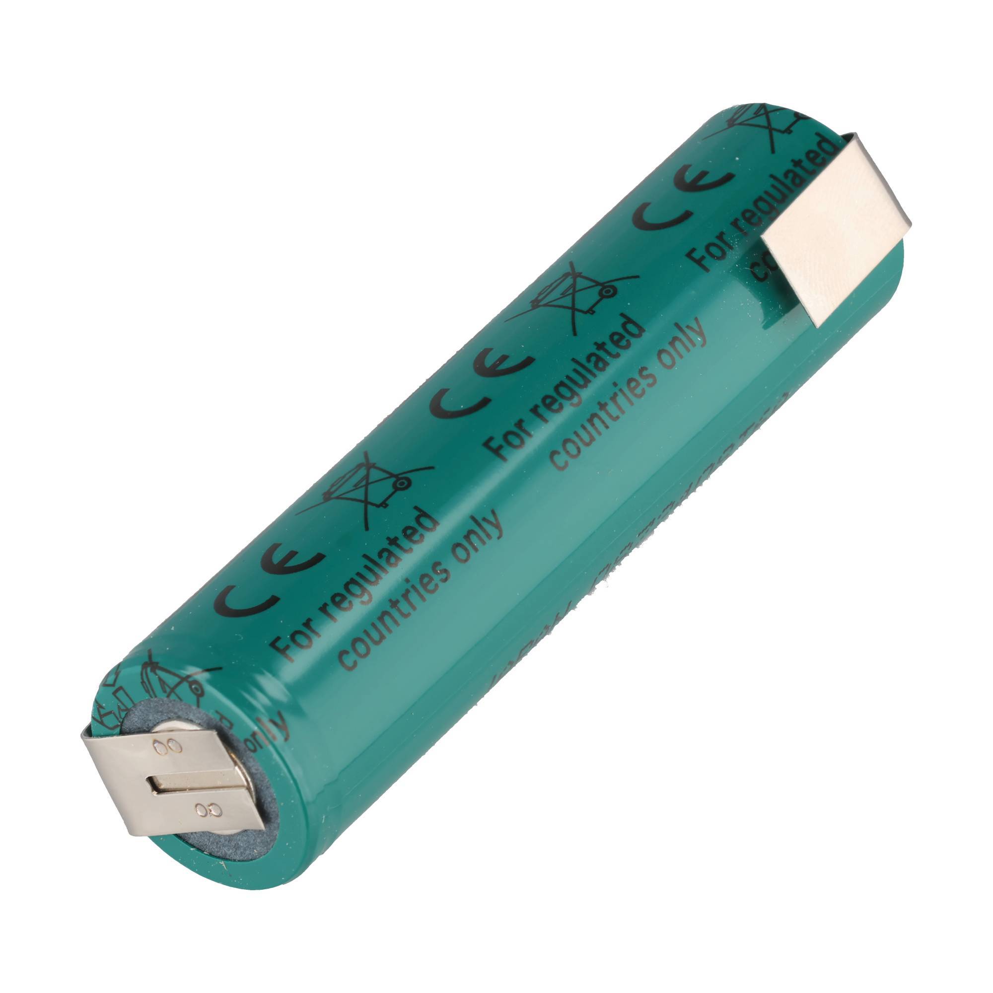 Eine blaugrüne zylindrische Batterie mit Metallkontakten und gedrucktem Warntext „Nur für regulierte Länder