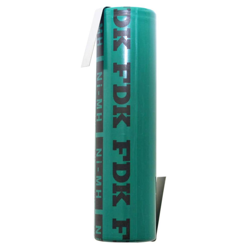 Grüne zylindrische FDK-Lithium-Batteriezelle mit schwarzem FDK- und Ni-MH-Text, isoliert auf weißem Hintergrund dargestellt.
