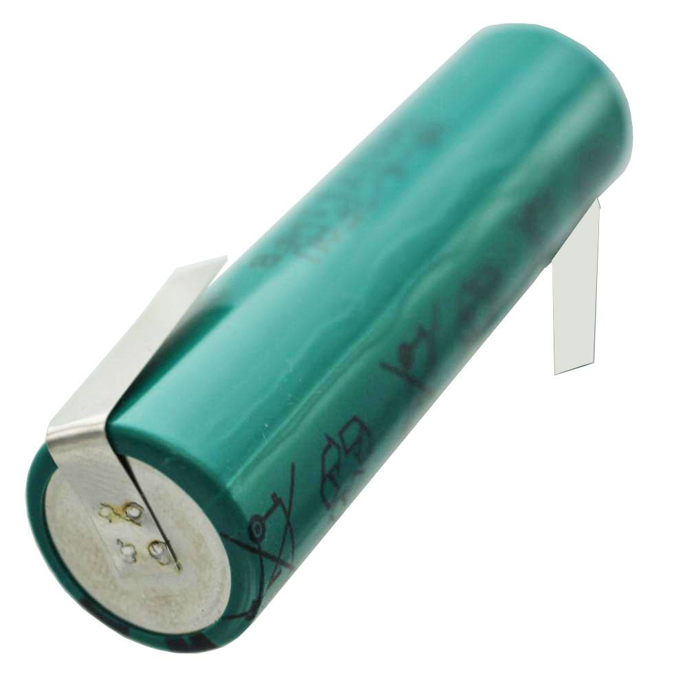 Grüne zylindrische Batterie mit Metallklemmen und zwei seitlichen Anschlüssen auf weißem Hintergrund.
