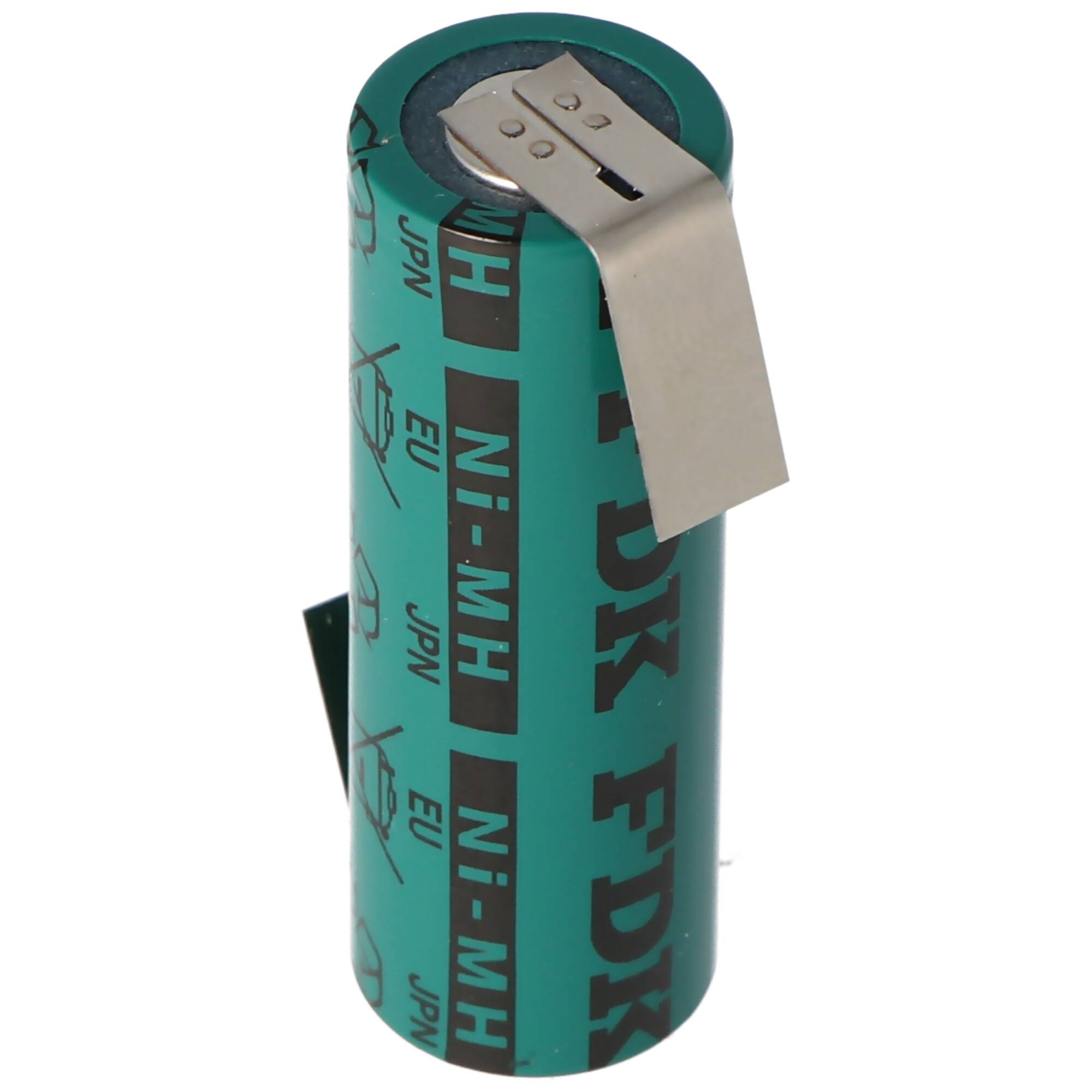 Grüne zylindrische wiederaufladbare Ni-MH-Batteriezelle mit metallischer Anschlusslasche oben, isoliert auf weißem Hintergrund.