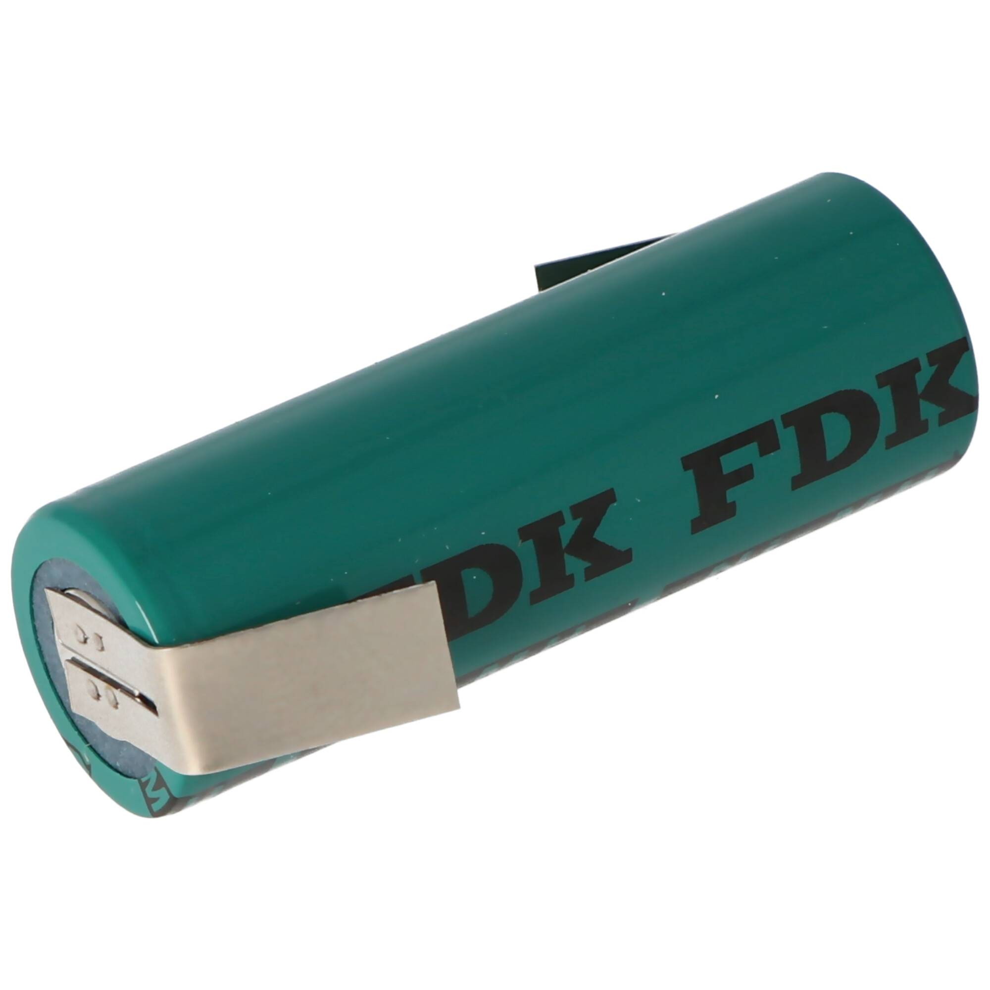 Grüne zylindrische wiederaufladbare Batteriezelle mit Metallklemmen und „FDK