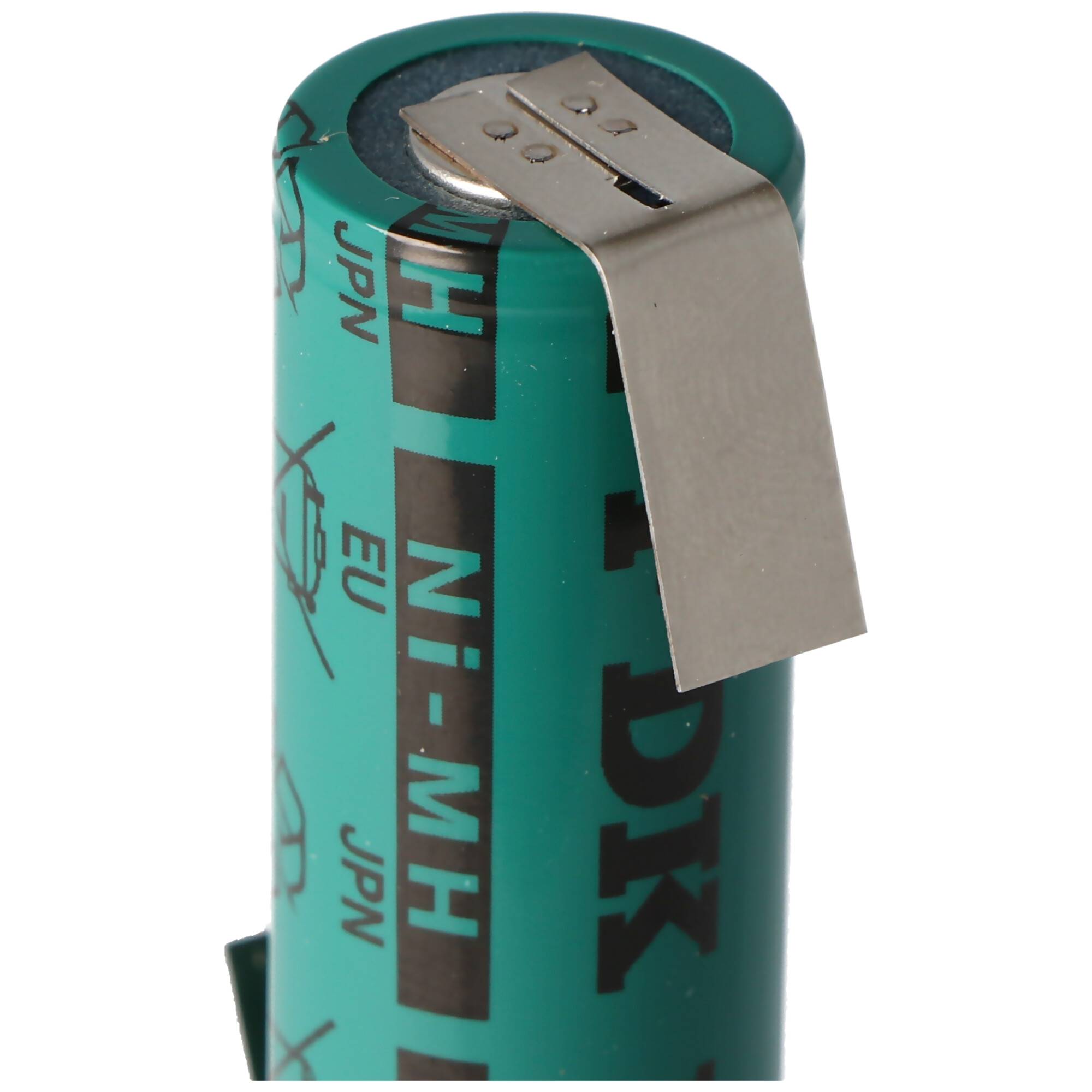 Grüne zylindrische wiederaufladbare Batterie mit einer Metallötlasche oben angebracht.