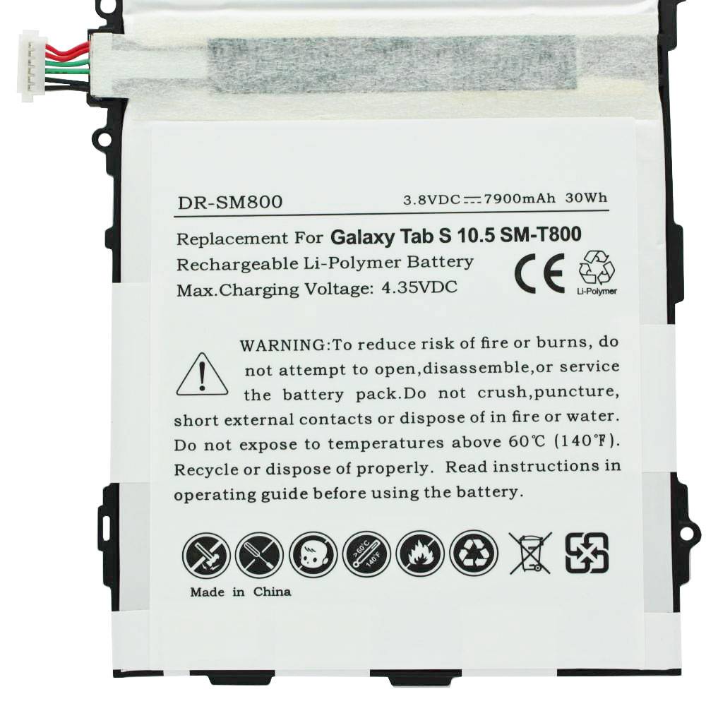 Weiße wiederaufladbare Lithium-Polymer-Batterie mit der Bezeichnung DR-SM800 für Galaxy Tab S 10.5 SM-T800, 3,8V 7900mAh, mit Warnsymbolen und Text.