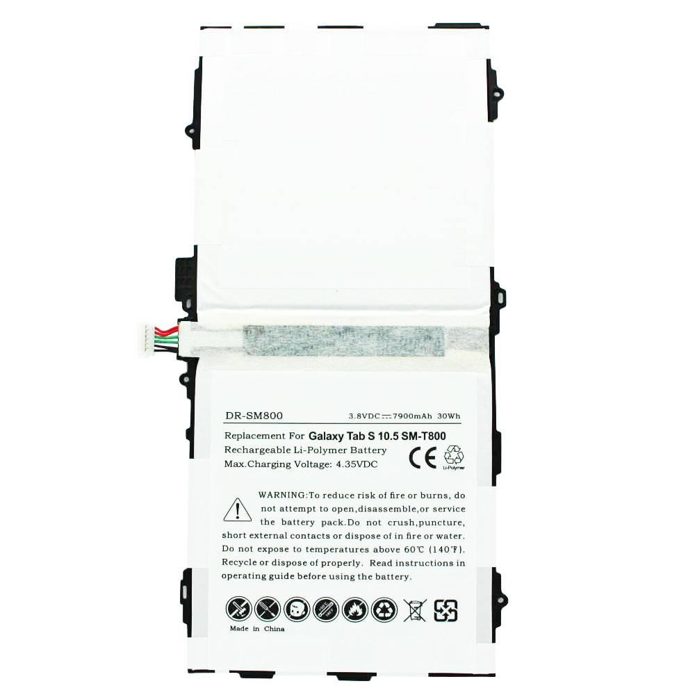 Weiße rechteckige Ersatz-Tablet-Batteriepak mit gekennzeichnetem Warntext, Anschlussdrähten und schwarzen Befestigungslaschen an den Seiten.
