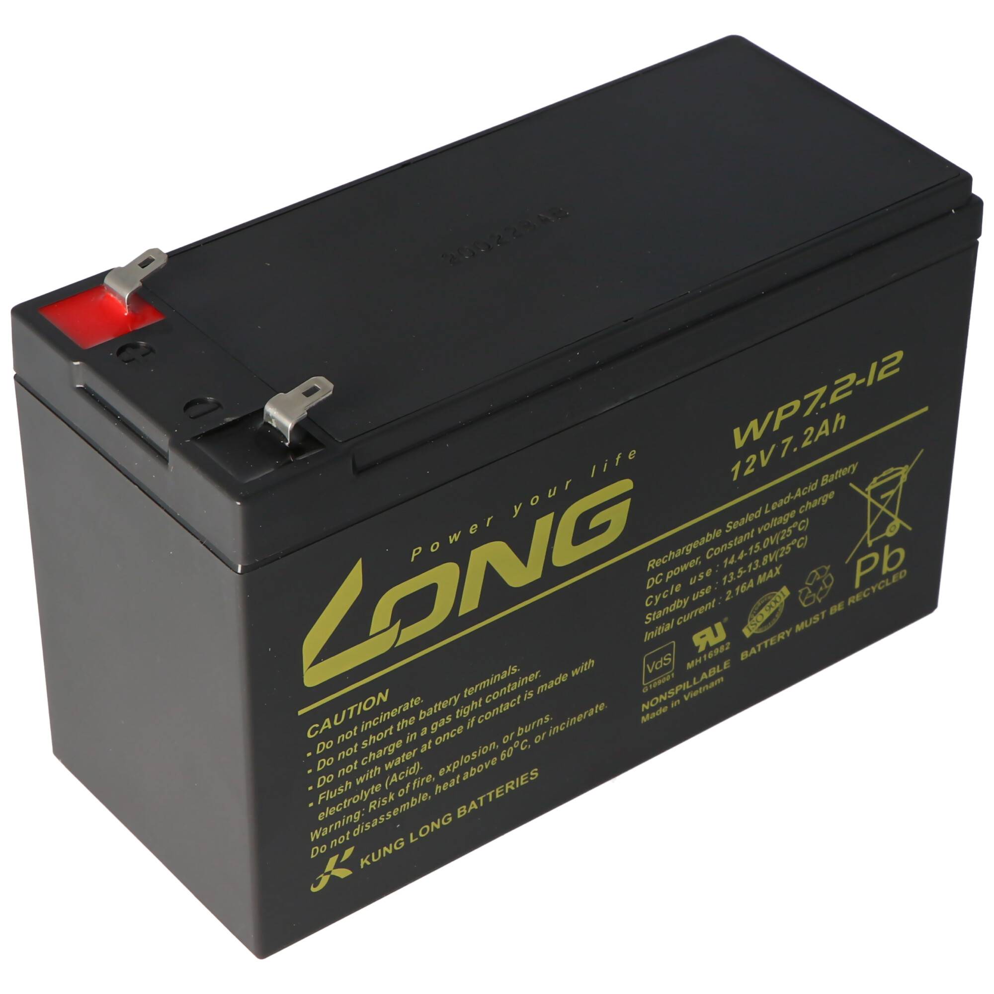 Schwarze 12V 7,2Ah versiegelte Bleisäurebatterie mit Metallklemmen oben und gelbem 'LONG' Branding auf der Seite.