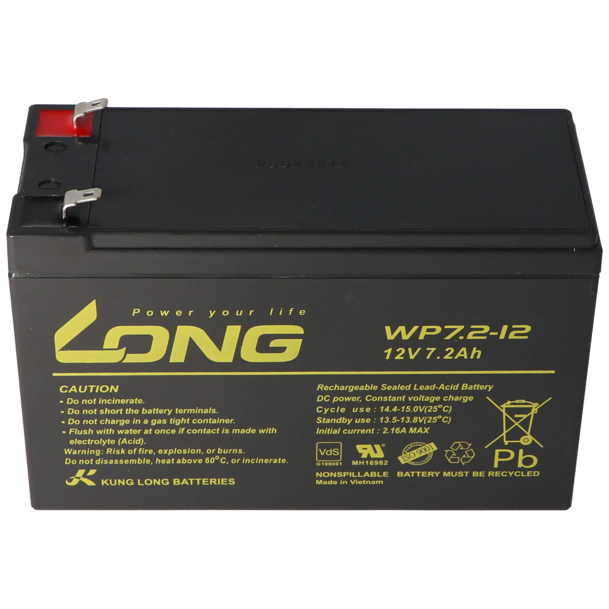 Schwarze wiederaufladbare 12V 7,2Ah versiegelte Blei-Säure-Batterie mit zwei Anschlüssen und gelber Beschriftung „LONG