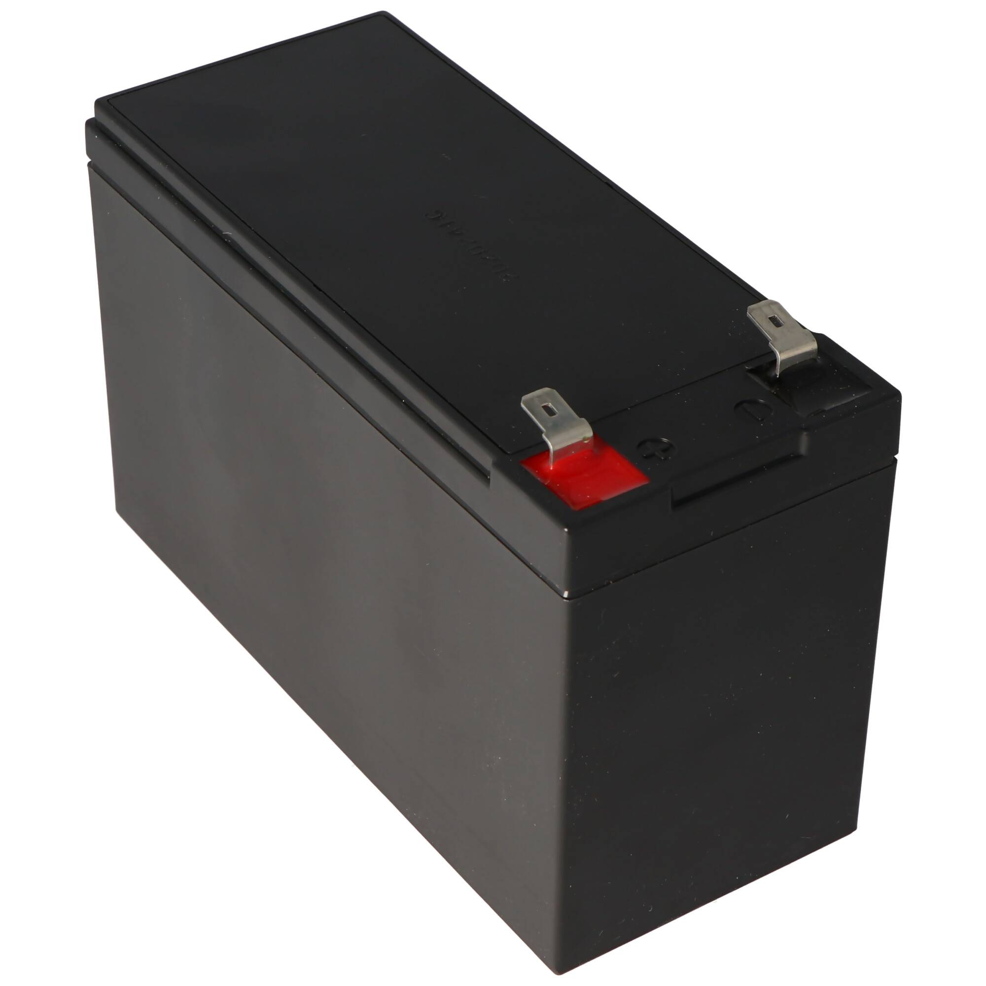 Schwarze rechteckige wiederaufladbare Batterie mit zwei Metallkontakten und einer roten Plusklemmenkappe oben.