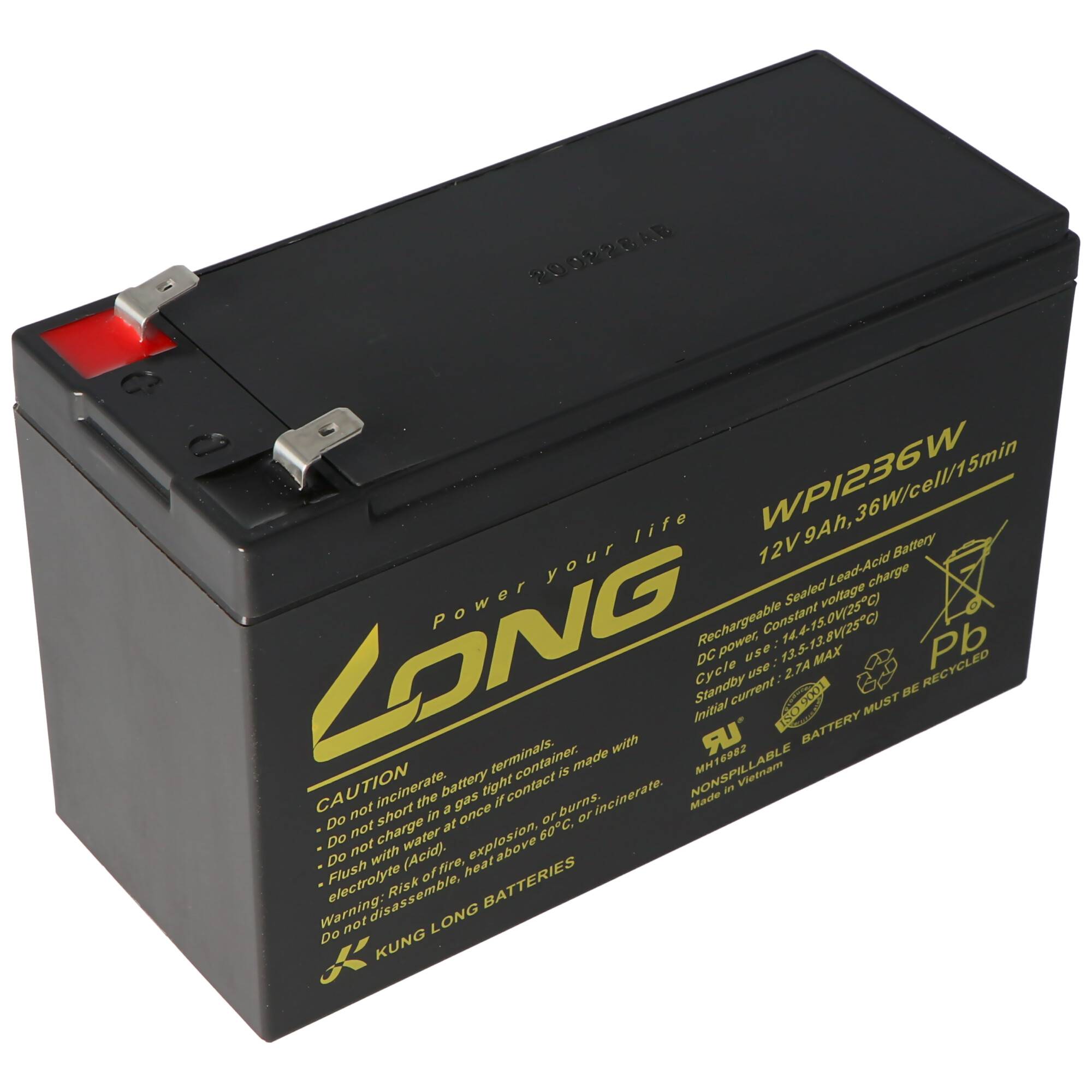 Schwarze LANG WPI236W 12V wiederaufladbare Batterie mit Metallanschlüssen, auf weißem Hintergrund dargestellt.