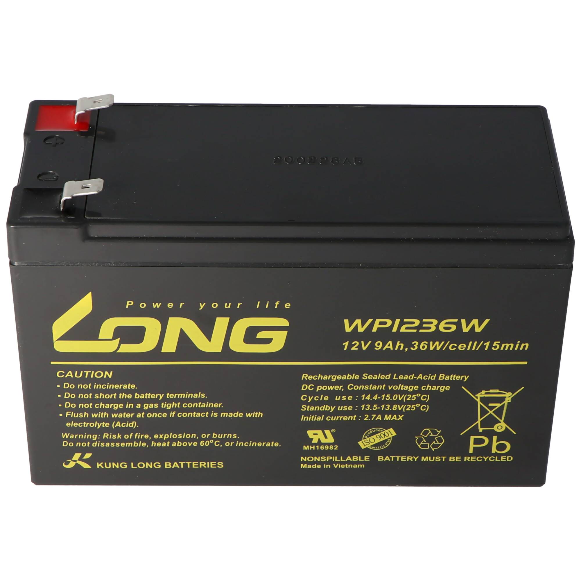 Schwarze Kung Long wiederaufladbare versiegelte Blei-Säure-Batterie mit Beschriftung „WPI236W 12V 9Ah/36W/cell/15min" mit Warn- und Recycling-Symbolen.