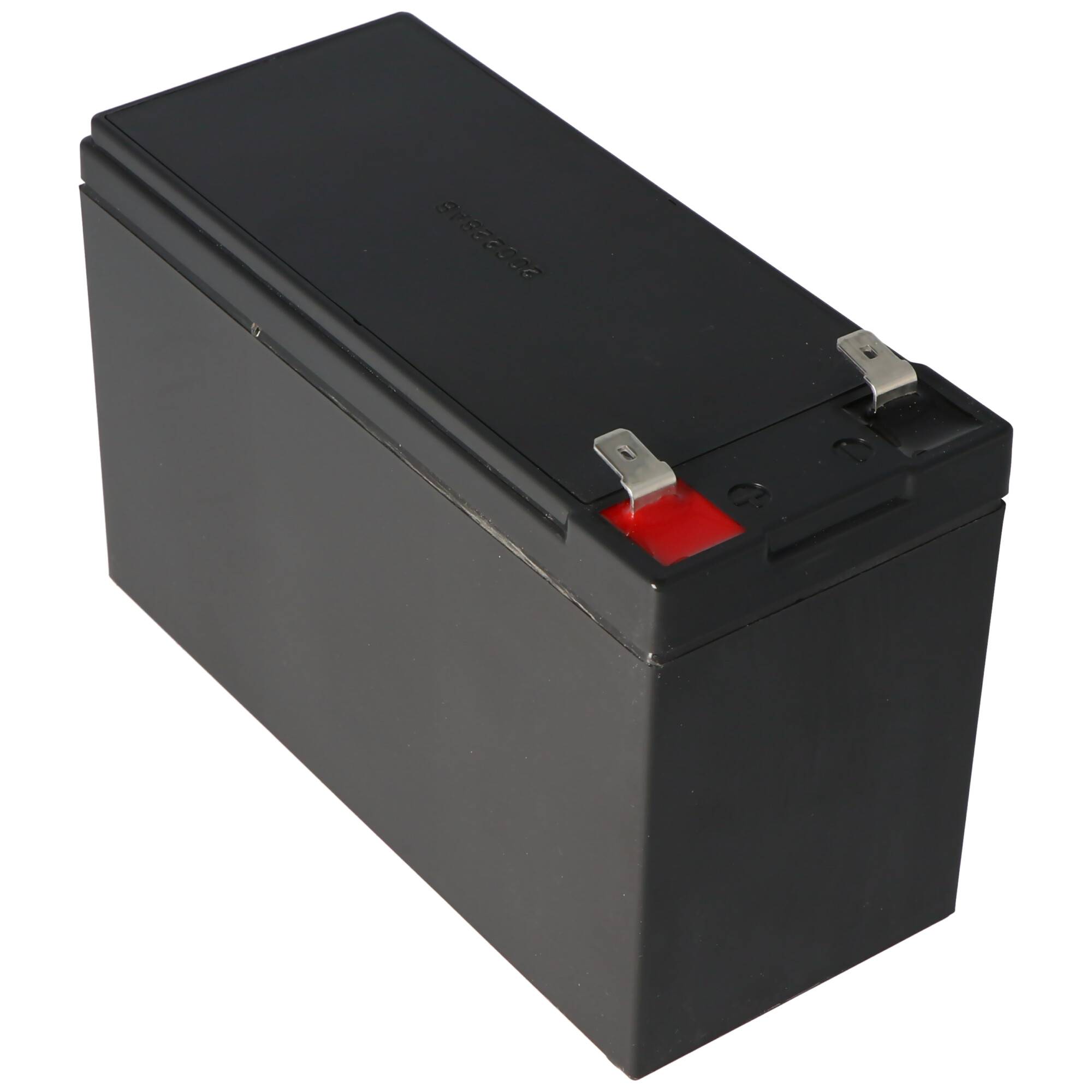 Schwarze rechteckige wiederaufladbare Batterie mit Metallklemmen oben, isoliert auf weißem Hintergrund.