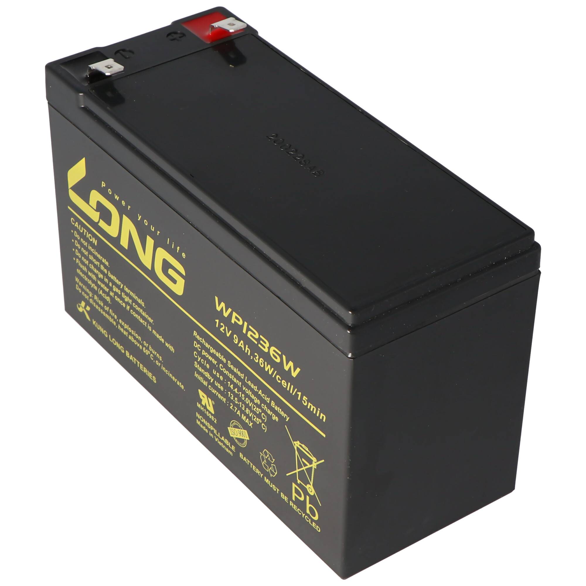Schwarze wiederaufladbare Batterie mit der Beschriftung „LONG" und „WP1236W"" mit roten und weißen Anschlüssen.
