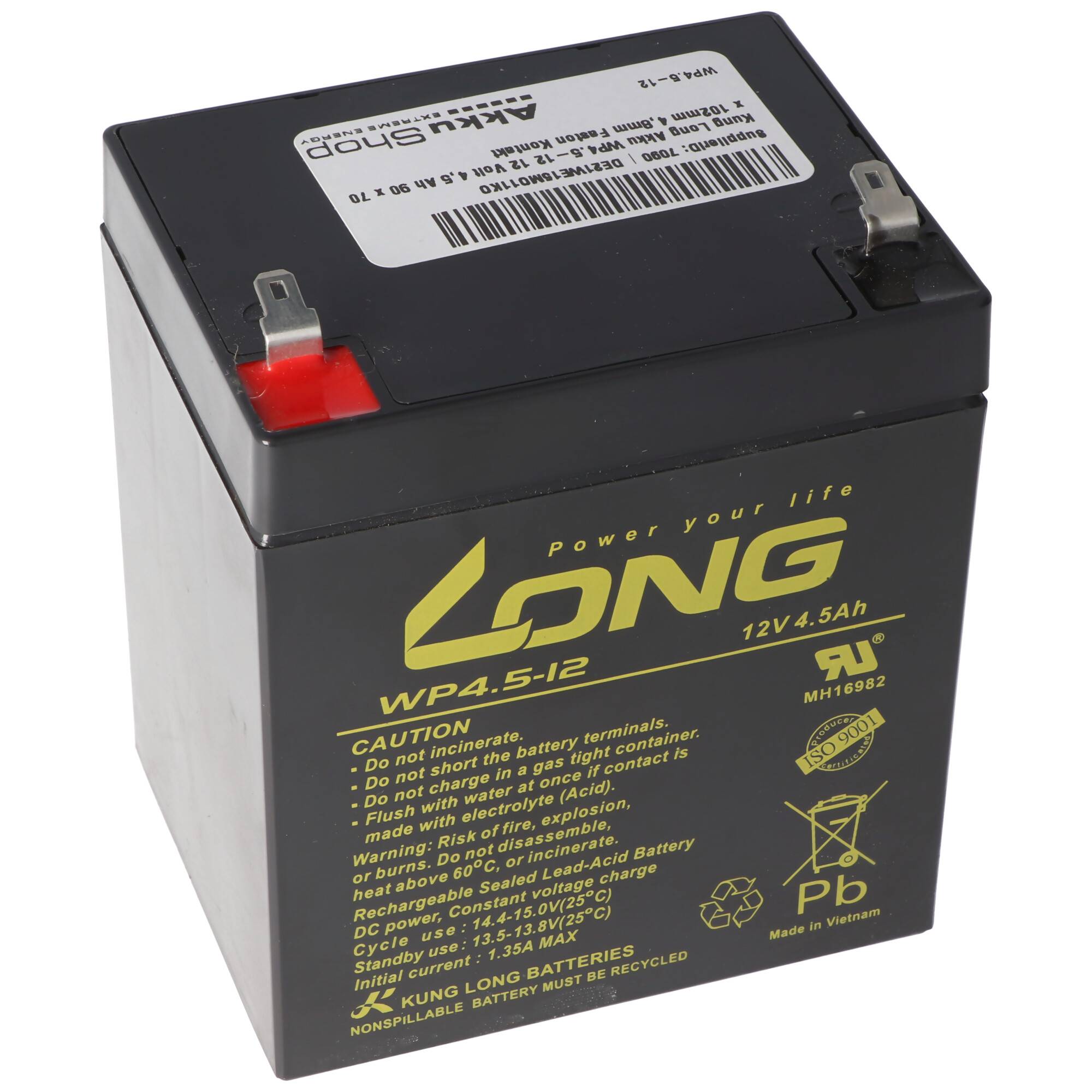 Schwarze aufladbare 12V 4,5Ah Blei-Säure-Batterie mit Metallklemmen und gelber „LONG