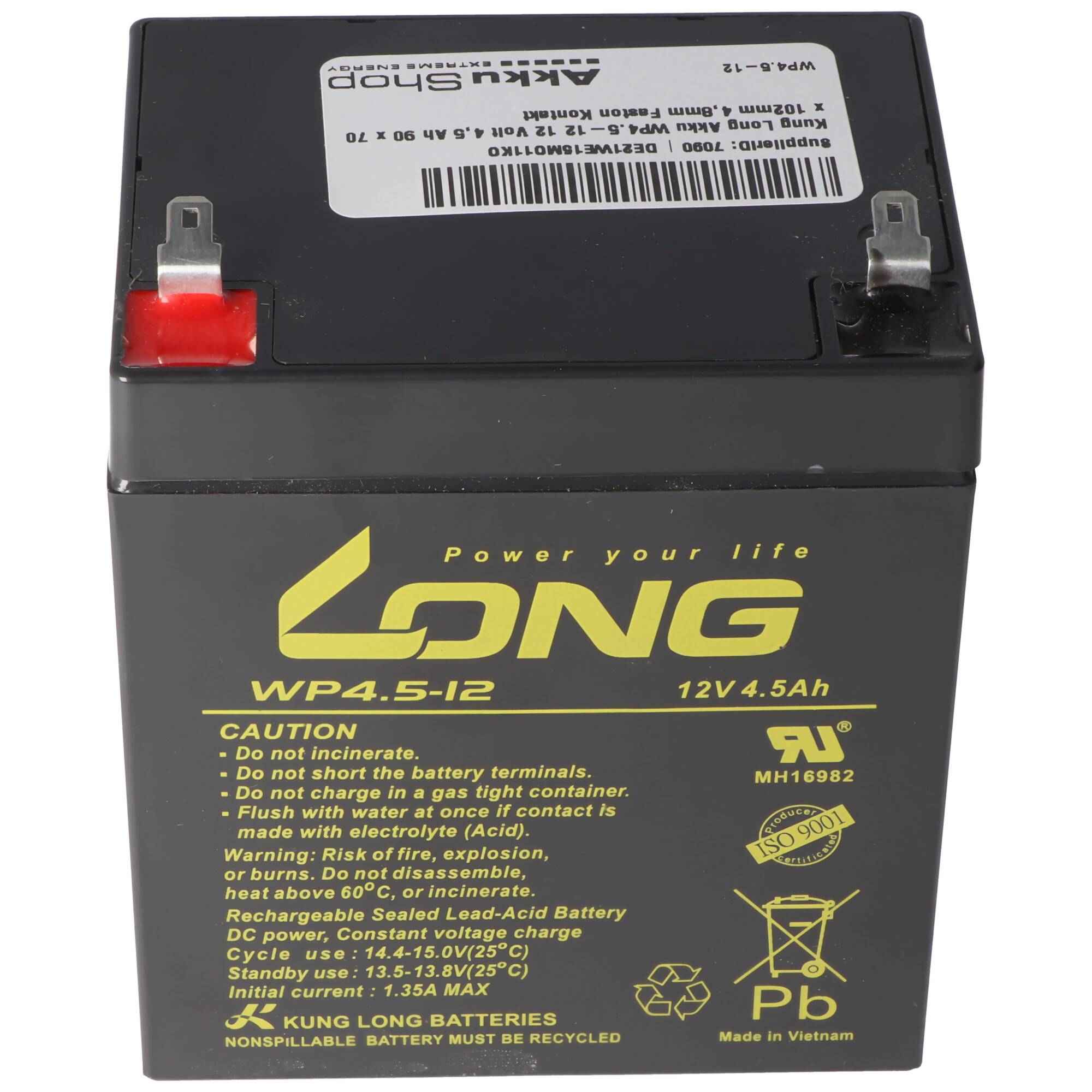 Schwarze LONG WP4.5-12 12V 4,5Ah wartungsfreie Blei-Säure-Batterie mit roten und schwarzen Anschlüssen und Warnetiketten.