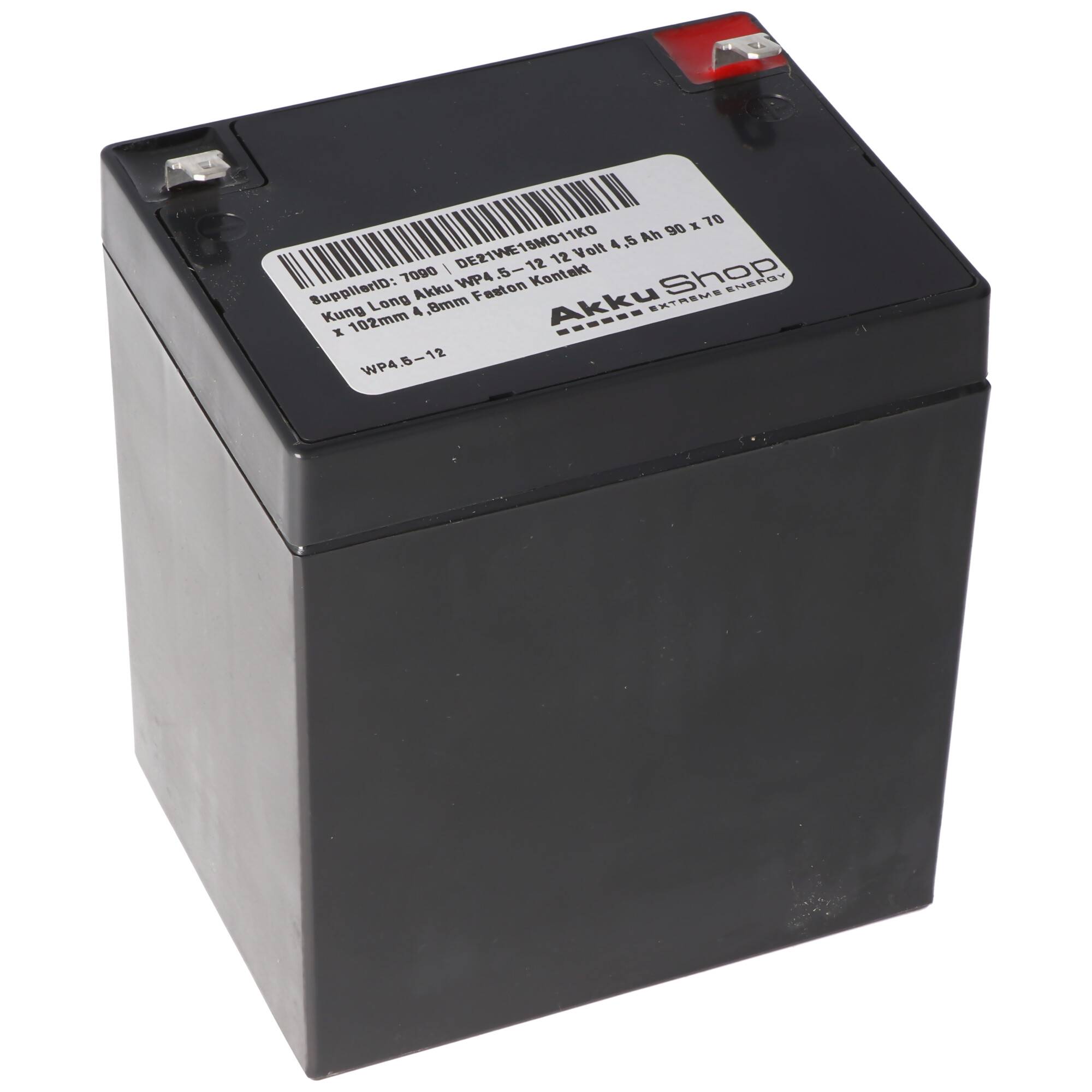 Schwarze wiederaufladbare Batterie mit roten und silbernen Anschlüssen, gekennzeichnet mit AkkuShop, vor weißem Hintergrund dargestellt.