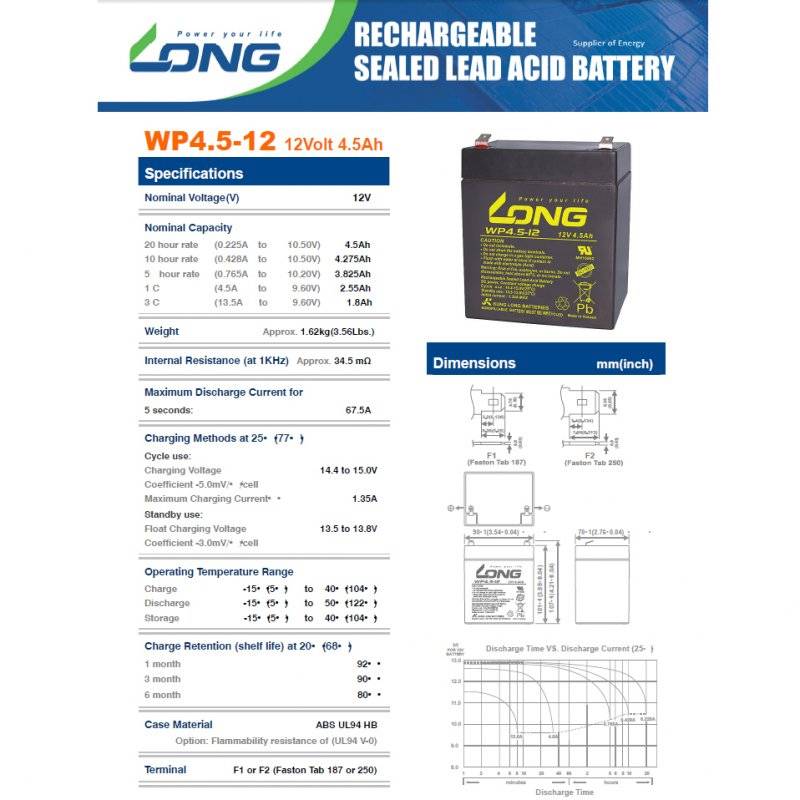 Produktspezifikationsblatt für eine LONG aufladbare versiegelte Bleisäurebatterie, Modell WP4.5-12, 12V 4,5Ah, mit Batterieabbildung, Abmessungen, Spezifikationen und Entladediagramm.