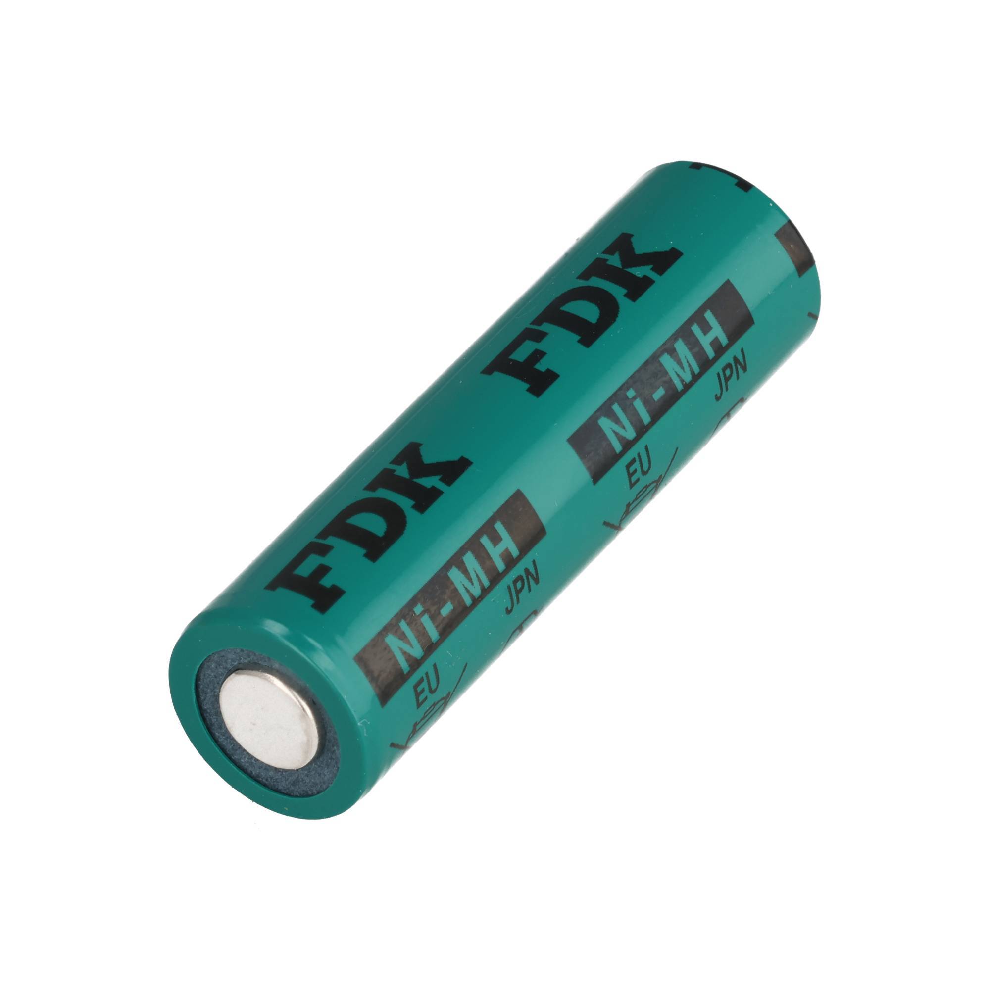Eine türkisfarbene zylindrische wiederaufladbare Batterie mit der Aufschrift „FDK
