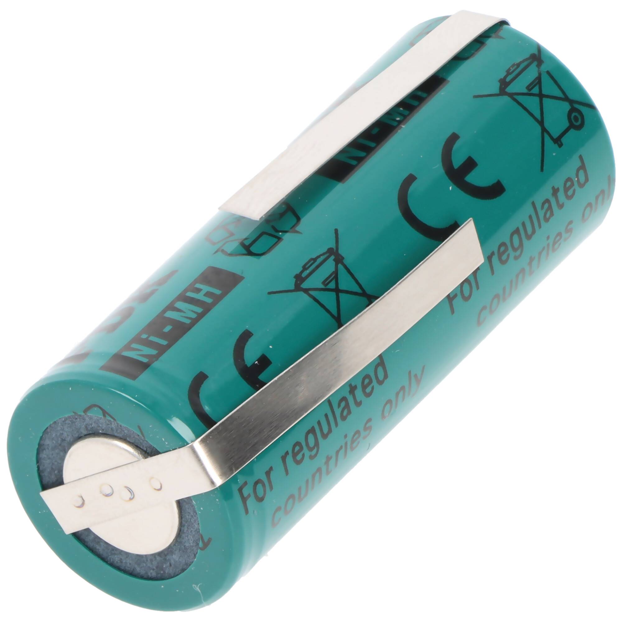 Tealfarbene zylindrische Ni-MH-Batterie mit Metallkontaktstreifen und behördlichen Kennzeichnungen auf weißem Hintergrund.