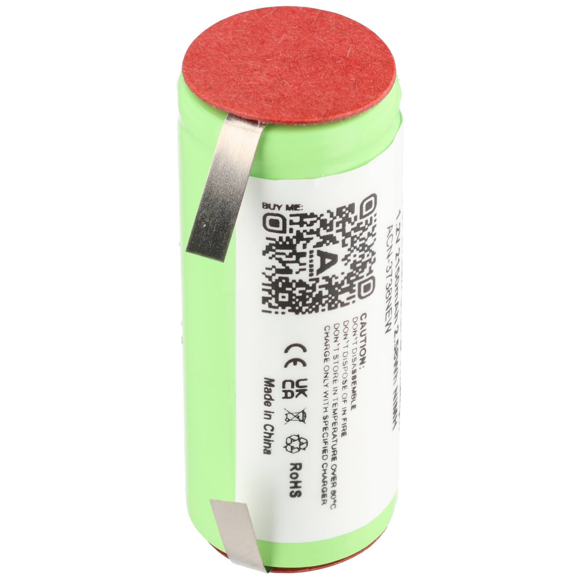 Ein grüner zylindrischer wiederaufladbarer Akku mit roter Oberseite, gekennzeichnet mit einem QR-Code und Sicherheitsmarkierungen.
