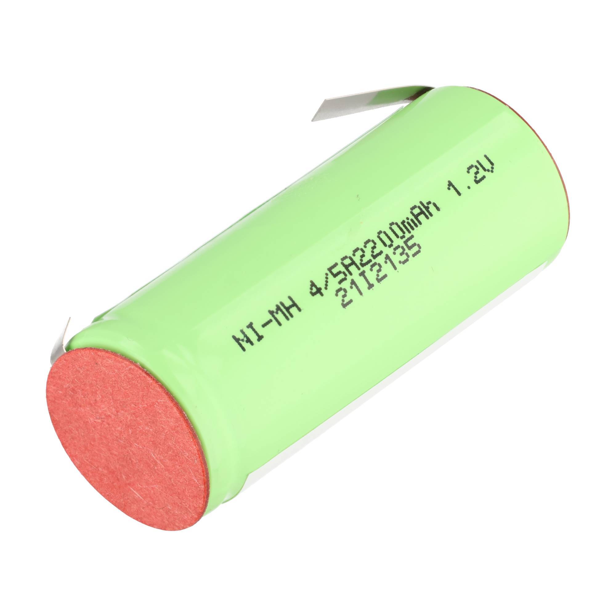 Grüne zylindrische Ni-MH-Batteriezelle mit der Bezeichnung „4/5A2200mAh 1.2V