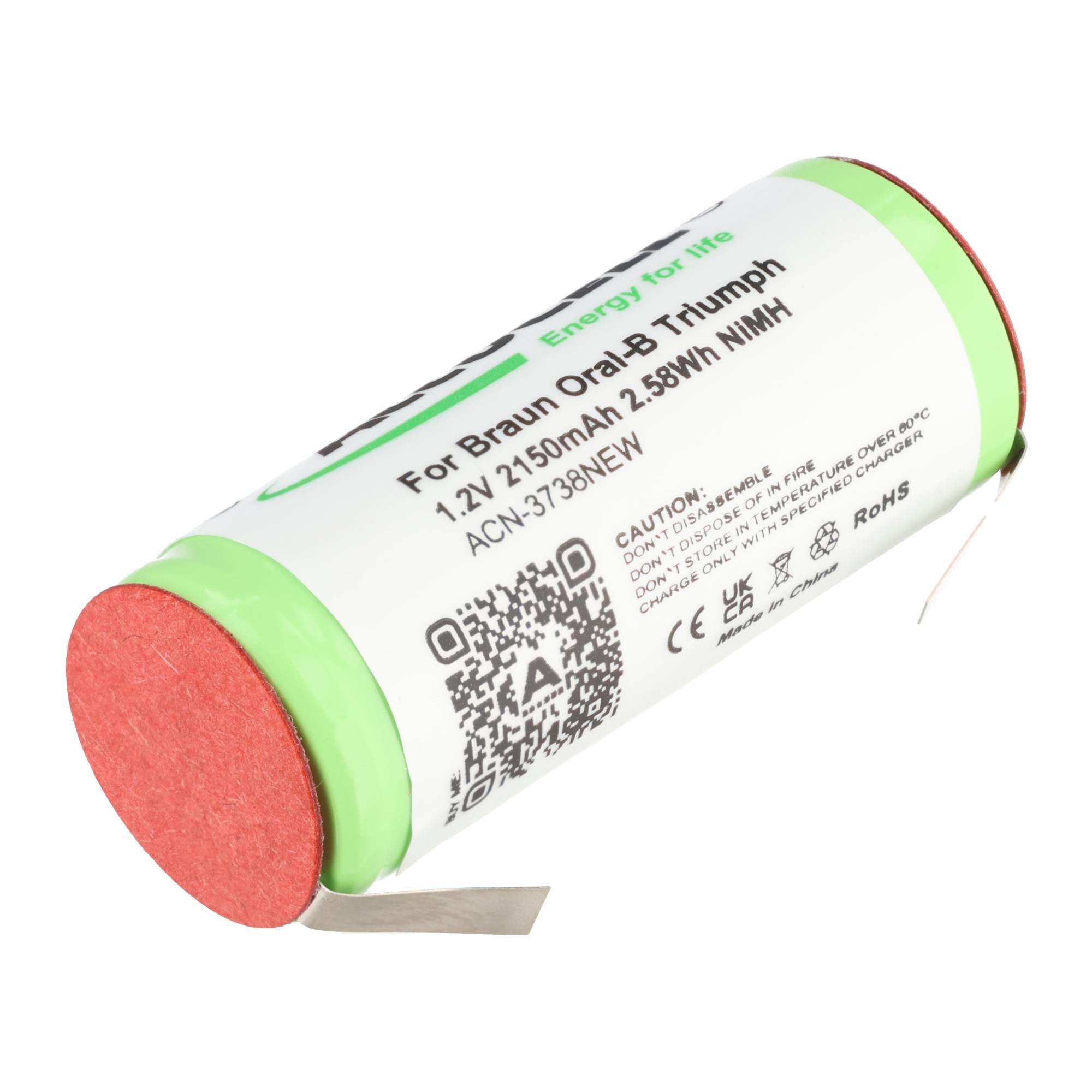 Zylindrisches wiederaufladbares Batteriepack mit Etikett für Braun Oral-B Triumph, 1,2V 2150mAh NiMH, mit Barcode und Sicherheitskennzeichnungen.