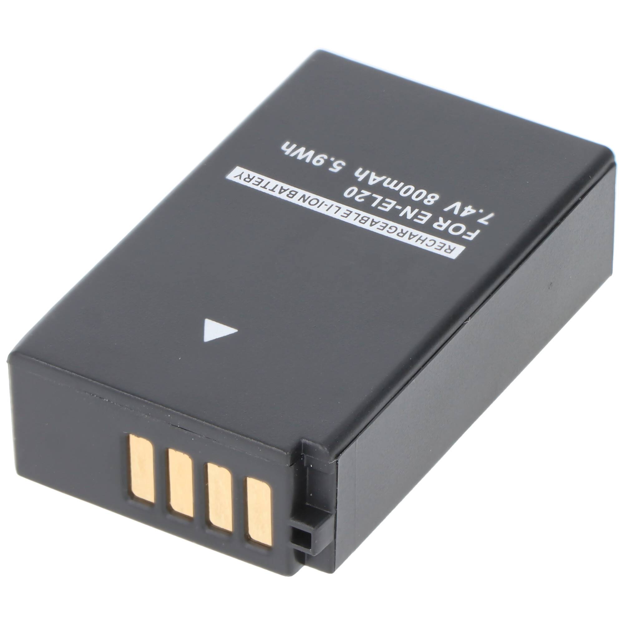 Schwarzes wiederaufladbares Lithium-Ionen-Batteriepaket mit vergoldeten Kontaktklemmen, beschriftet mit „FOR EN-EL20 800mAh 5.9Wh