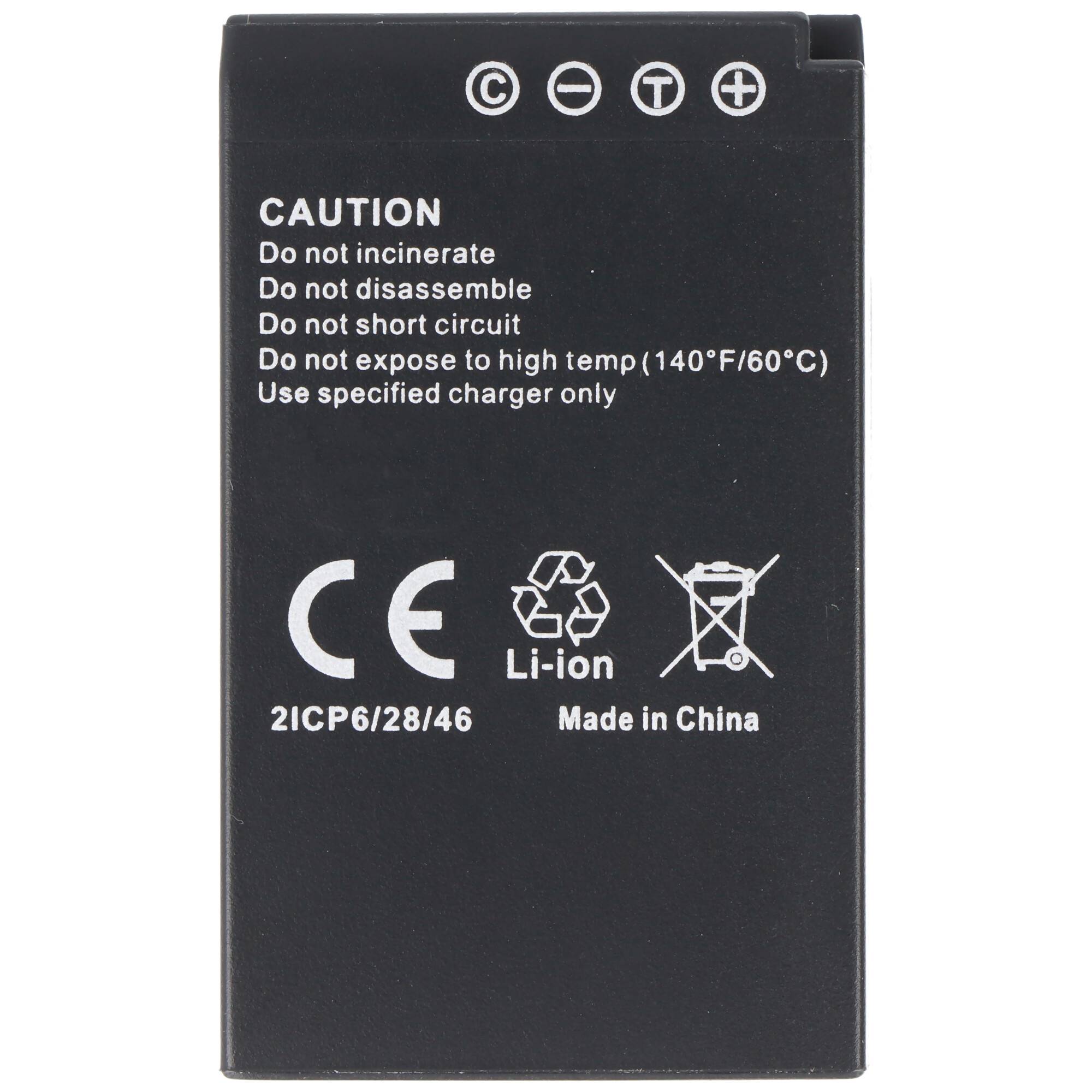 Schwarzes Lithium-Ionen-Batteriepaket mit Sicherheitswarnungen gekennzeichnet, CE-Zeichen, Recycling-Symbol und „Made in China