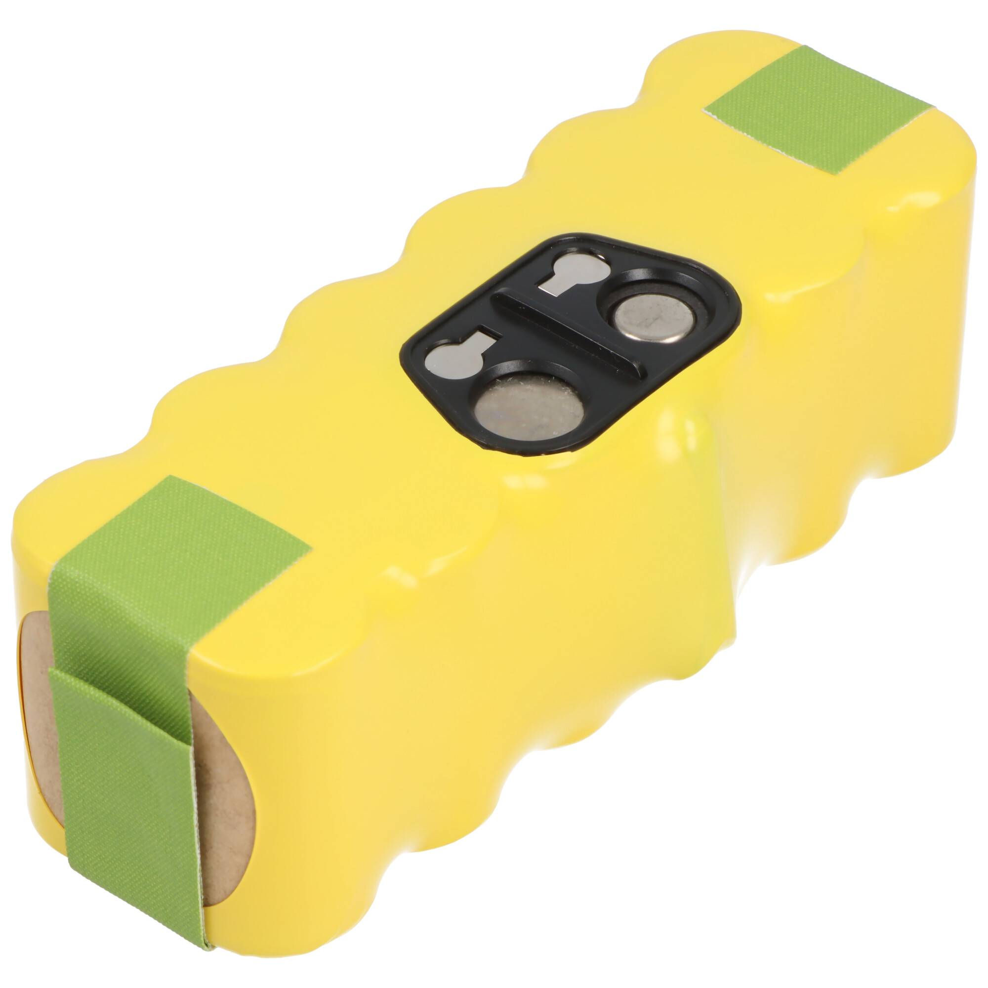 Gelber wiederaufladbarer Batteriepack mit schwarzem Stecker und grünem Klebeband an den Enden, gezeigt auf weißem Hintergrund.