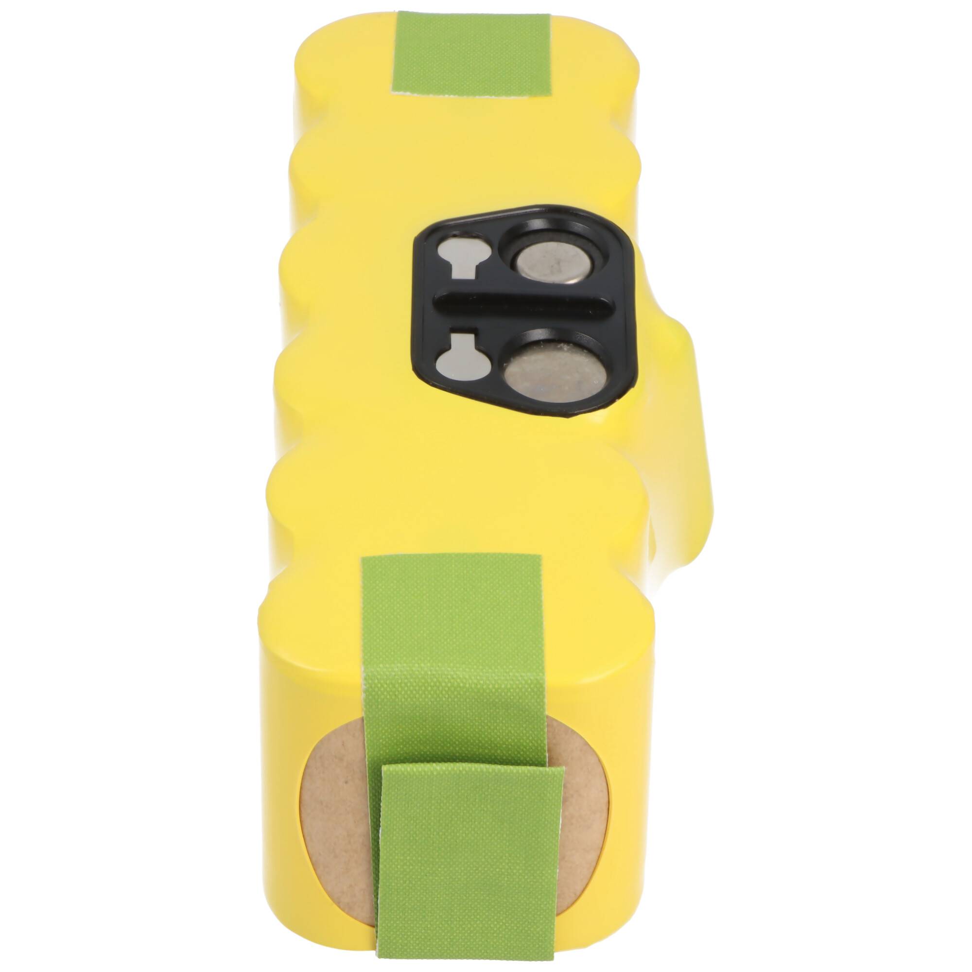 Gelbes zylindrisches Batteriepaket mit grünem Klebeband und einem schwarzen Steckverbinderpanel oben.