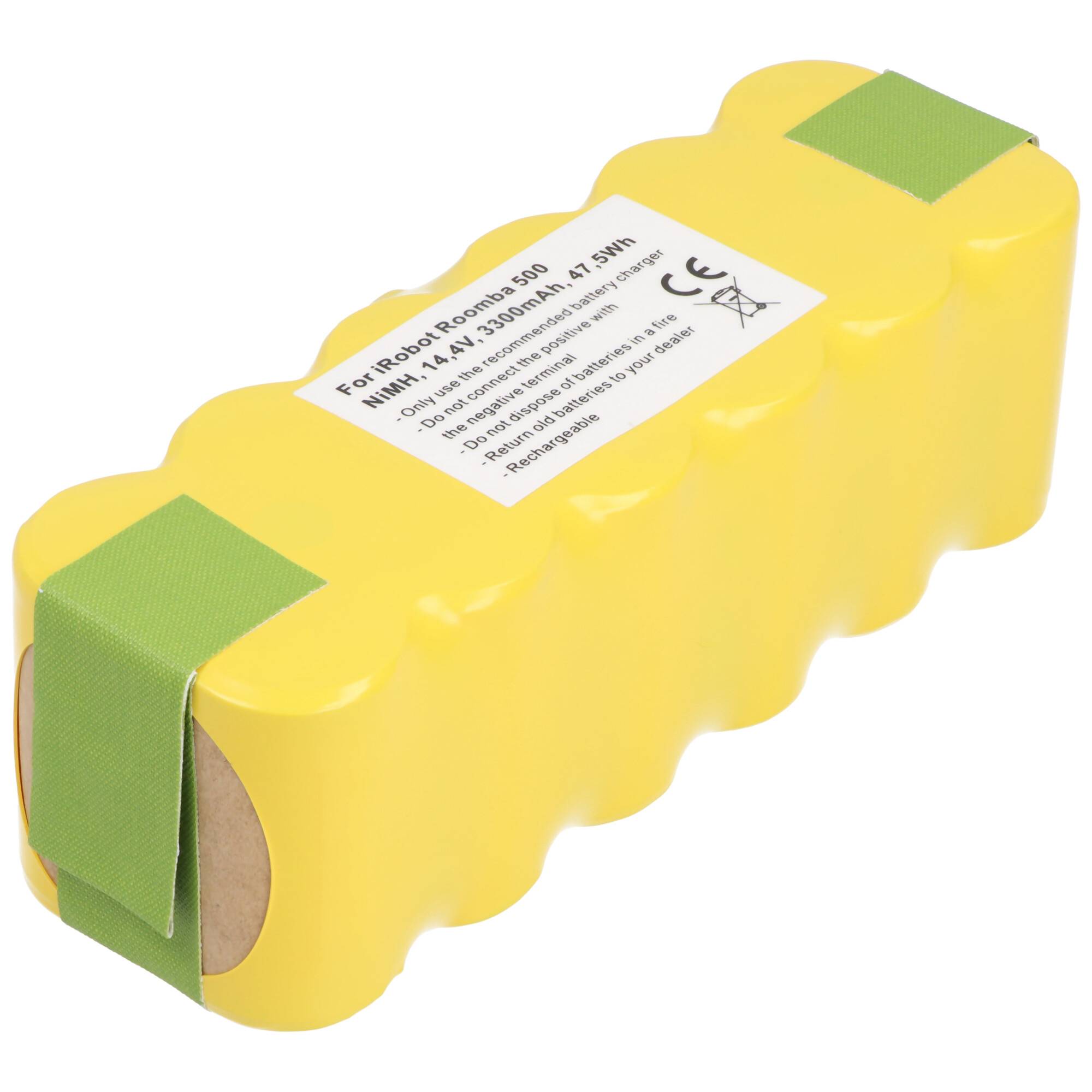 Gelbes Ersatzbatteriepack mit grünem Klebeband umwickelt, beschriftet für iRobot Roomba 500/600 mit NiMH 14,4V 3300mAh.