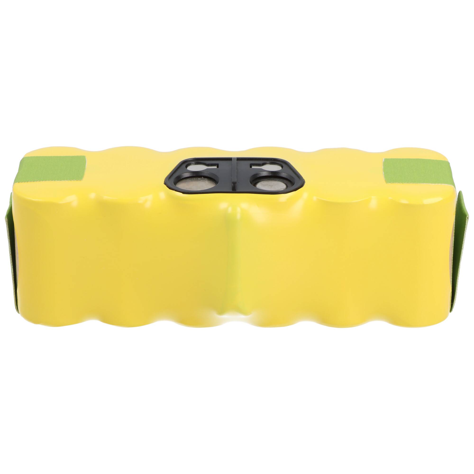 Gelber wiederaufladbarer Batteriepack mit schwarzem Steckerblock und vier Metallanschlüssen, freigestellt auf weißem Hintergrund.
