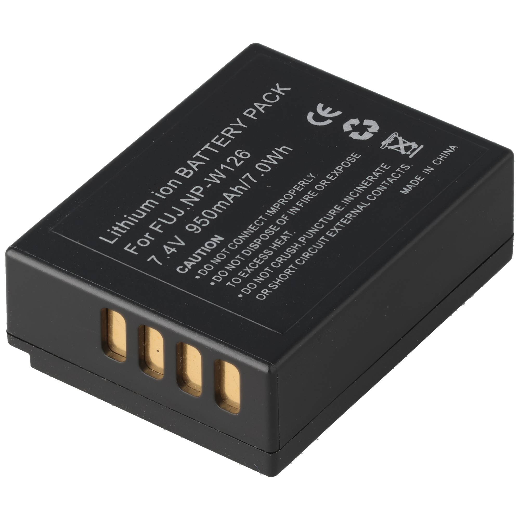 Schwarzes Lithium-Ionen-Akkupack mit goldenen Steckkontakten und gedrucktem Sicherheitstext oben.