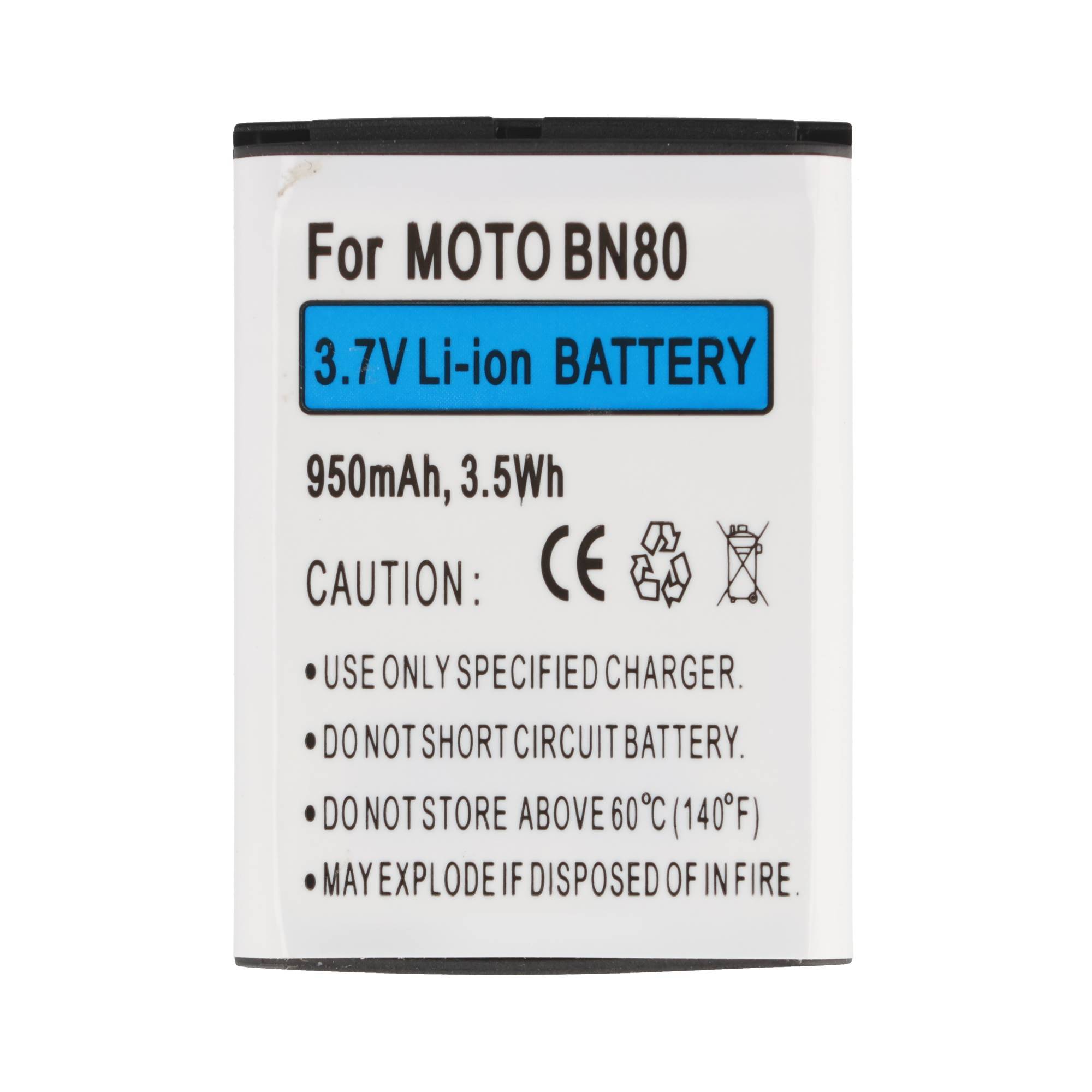 Weiß Motorola BN80 3,7V Li-Ionen-Akku mit Aufschrift 950mAh, 3,5Wh mit Sicherheitswarntext und Symbolen.