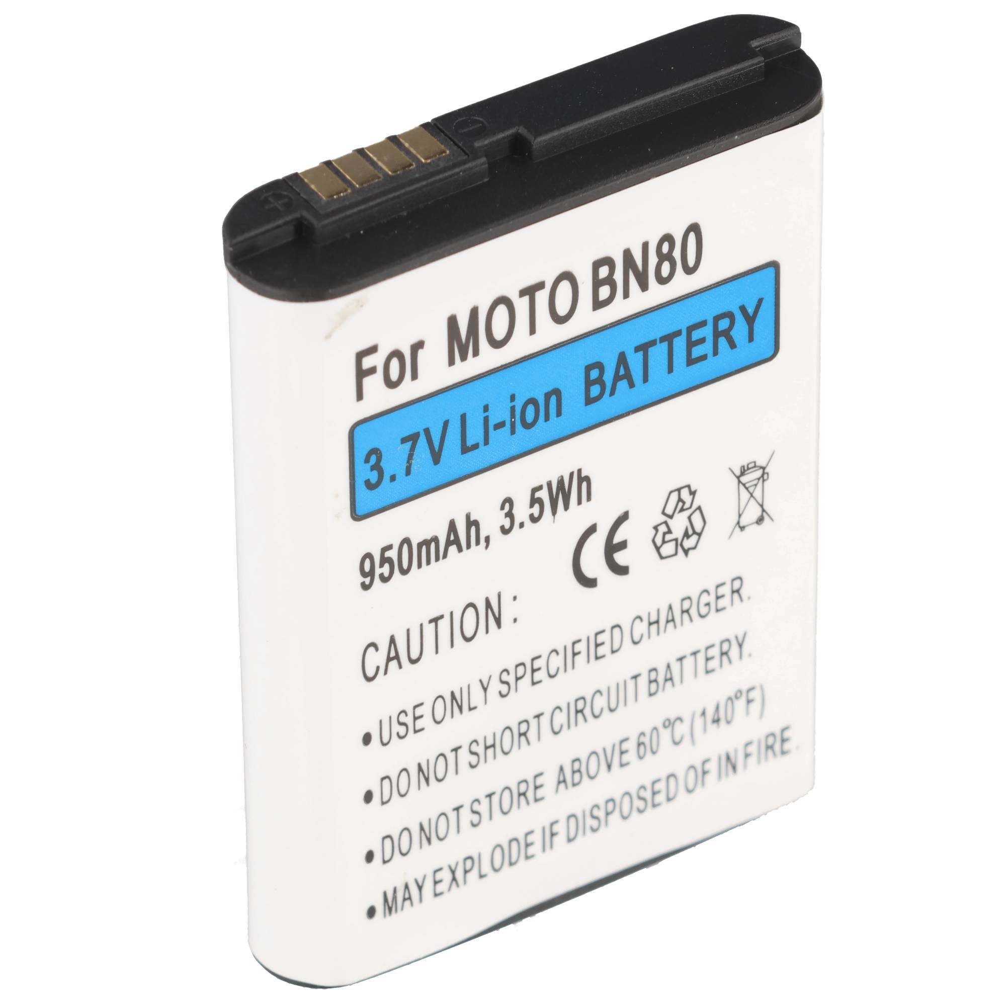 Weiße Moto BN80 3,7V Lithium-Ionen-Handyakkus mit schwarzen oberen Kontakten und gedruckten Sicherheitswarnungen.