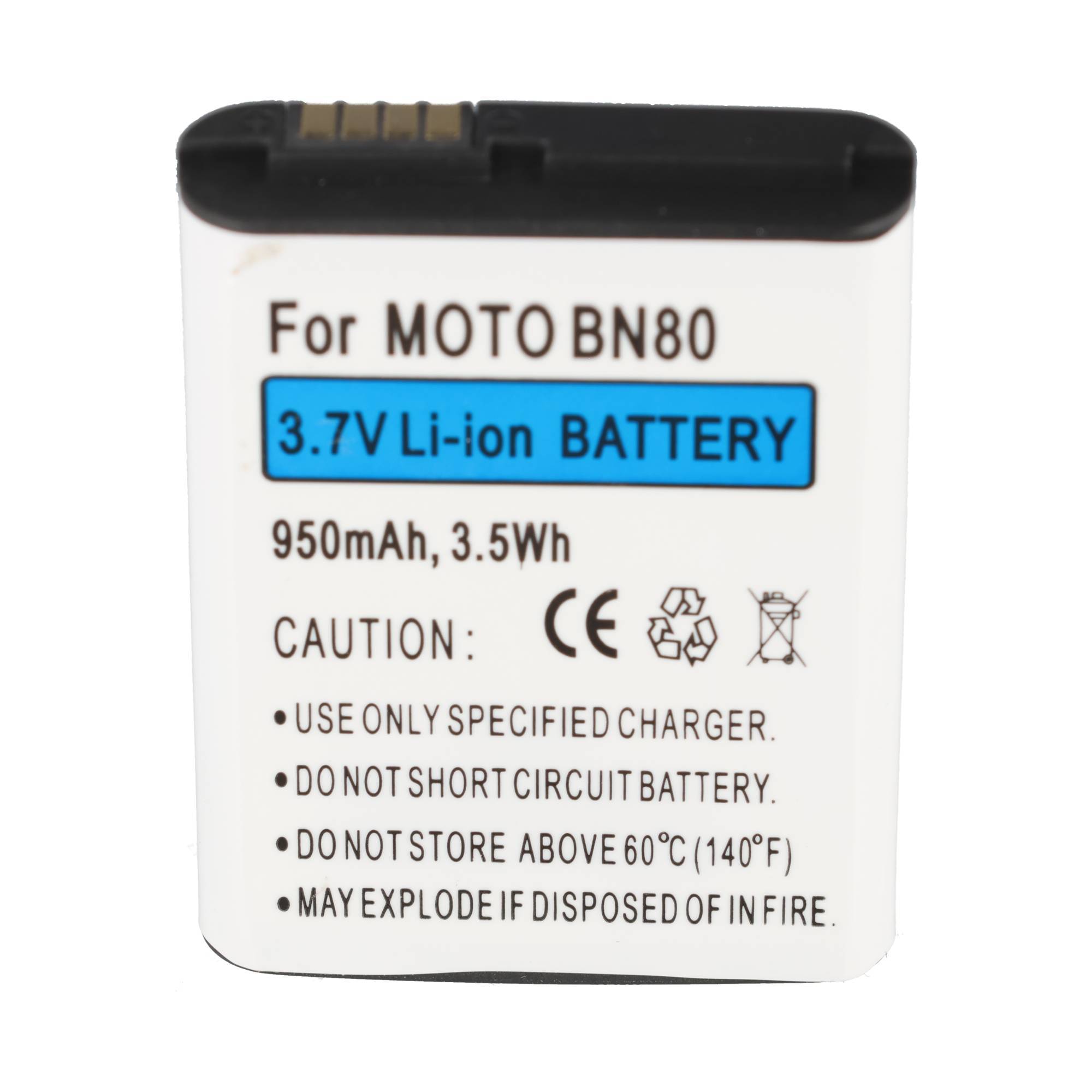 Ein weißer 3,7V Li-Ionen-Akku mit der Bezeichnung „For MOTO BN80