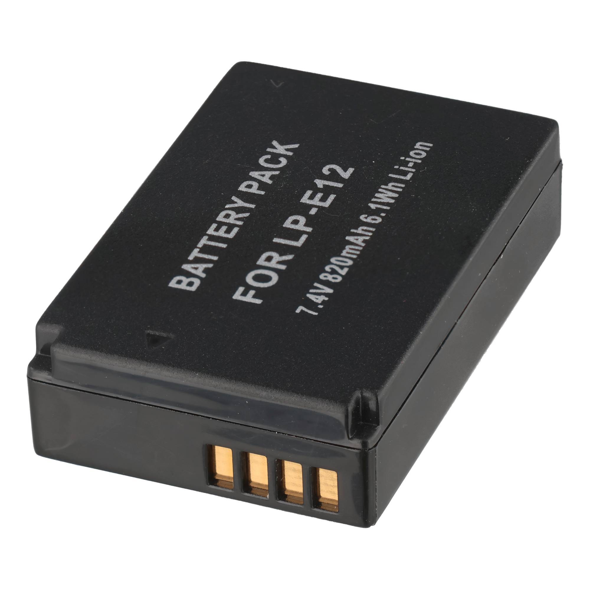 Schwarzer wiederaufladbarer Batteriepack mit der Aufschrift „FOR LP-E12