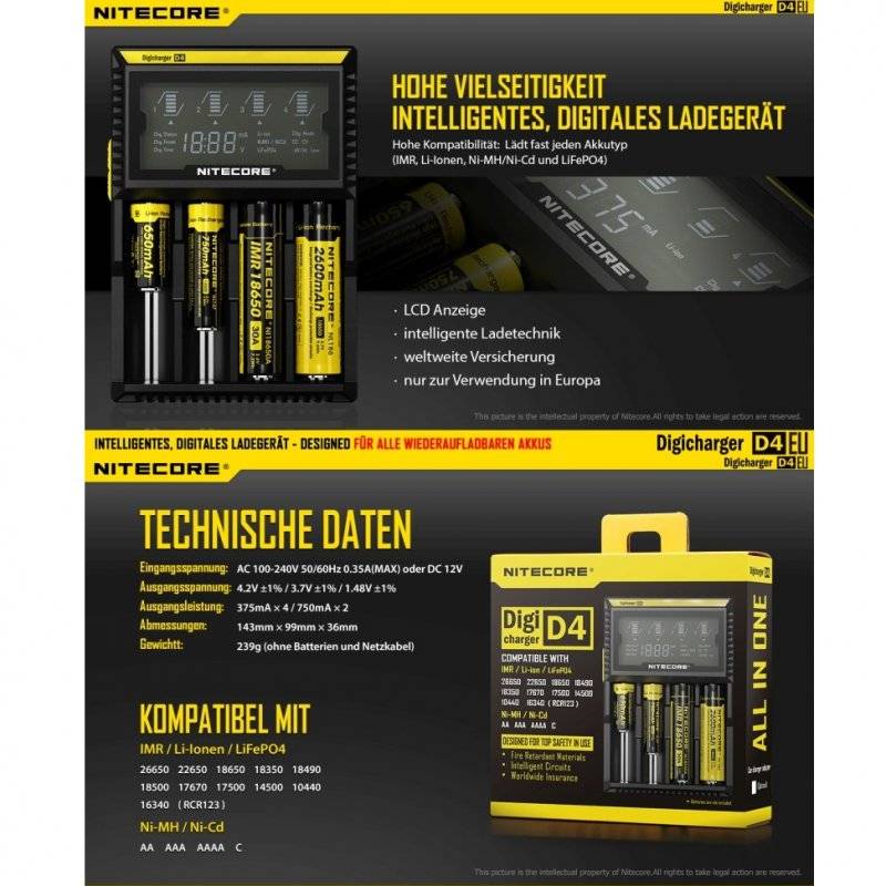 NiteCore Ladegerät Digicharger D4 EU mit Display für AAA, AA, C