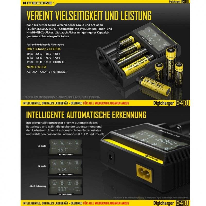 NiteCore Ladegerät Digicharger D4 EU mit Display für AAA, AA, C