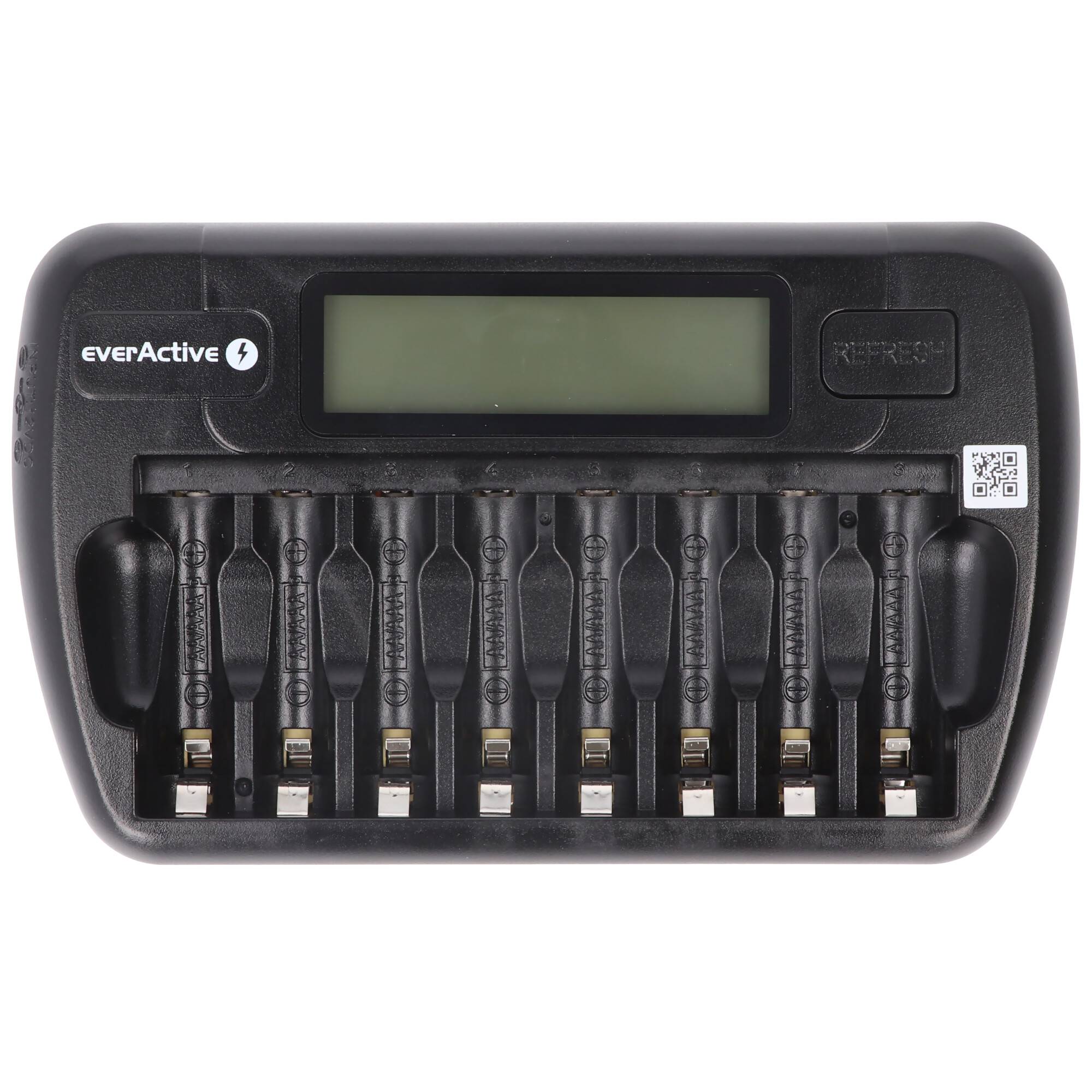 Acht-Schacht schwarzes EverActive Batterieladegerät mit LCD-Display und individuellen Ladeschächten.