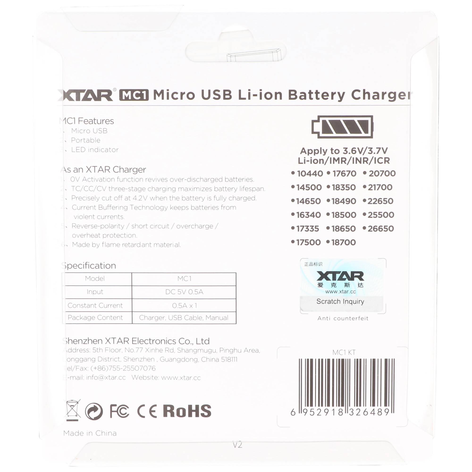 1-Schacht USB-Ladegerät mit bis zu 0,5Ah Ladestrom, Ladegerät mit Micro-USB Anschluss
