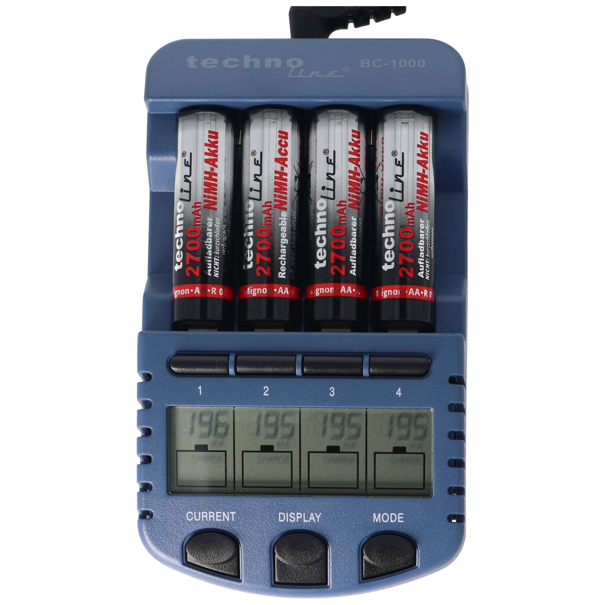 BC1000 Schnell-Ladegerät mit LCD-Display, Entladefunktion, Akku