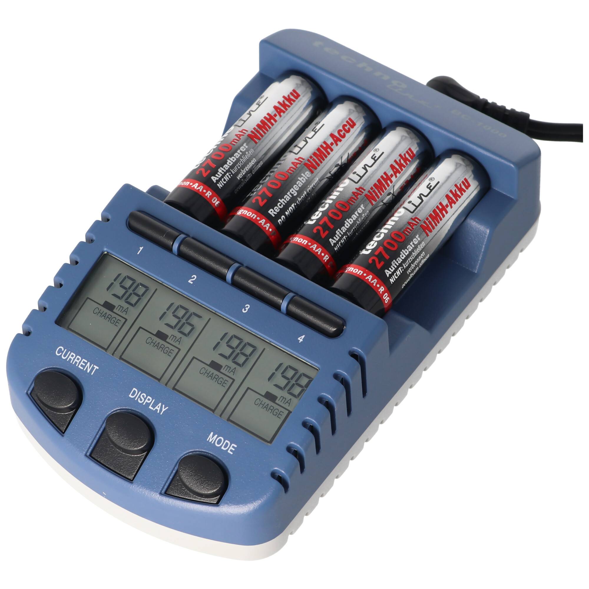 BC1000 Schnell-Ladegerät mit LCD-Display, Entladefunktion, Akku