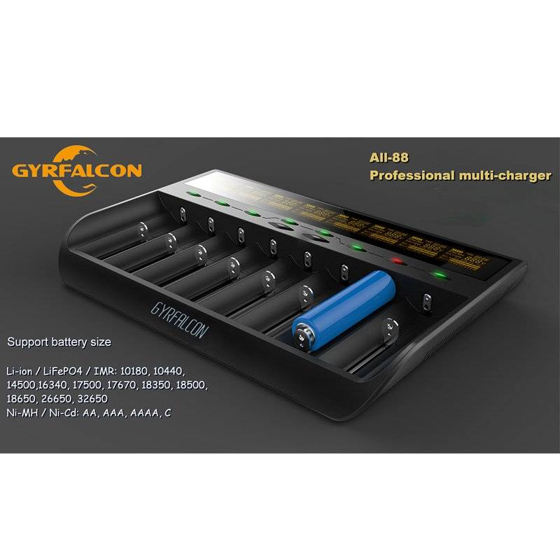 8fach Schnell-Ladegerät lädt 1 bis 8 Stück Li-Ion, LiFePO4, NiMH und NiCd