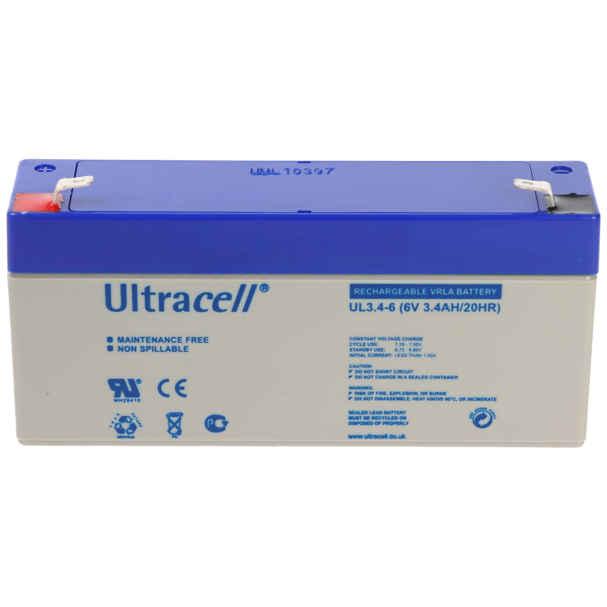 Ultracell aufladbare VRLA-Batterie, Modell UL3.4-6, 6V 3,4Ah, in einem blau-grauem rechteckigen Gehäuse dargestellt.