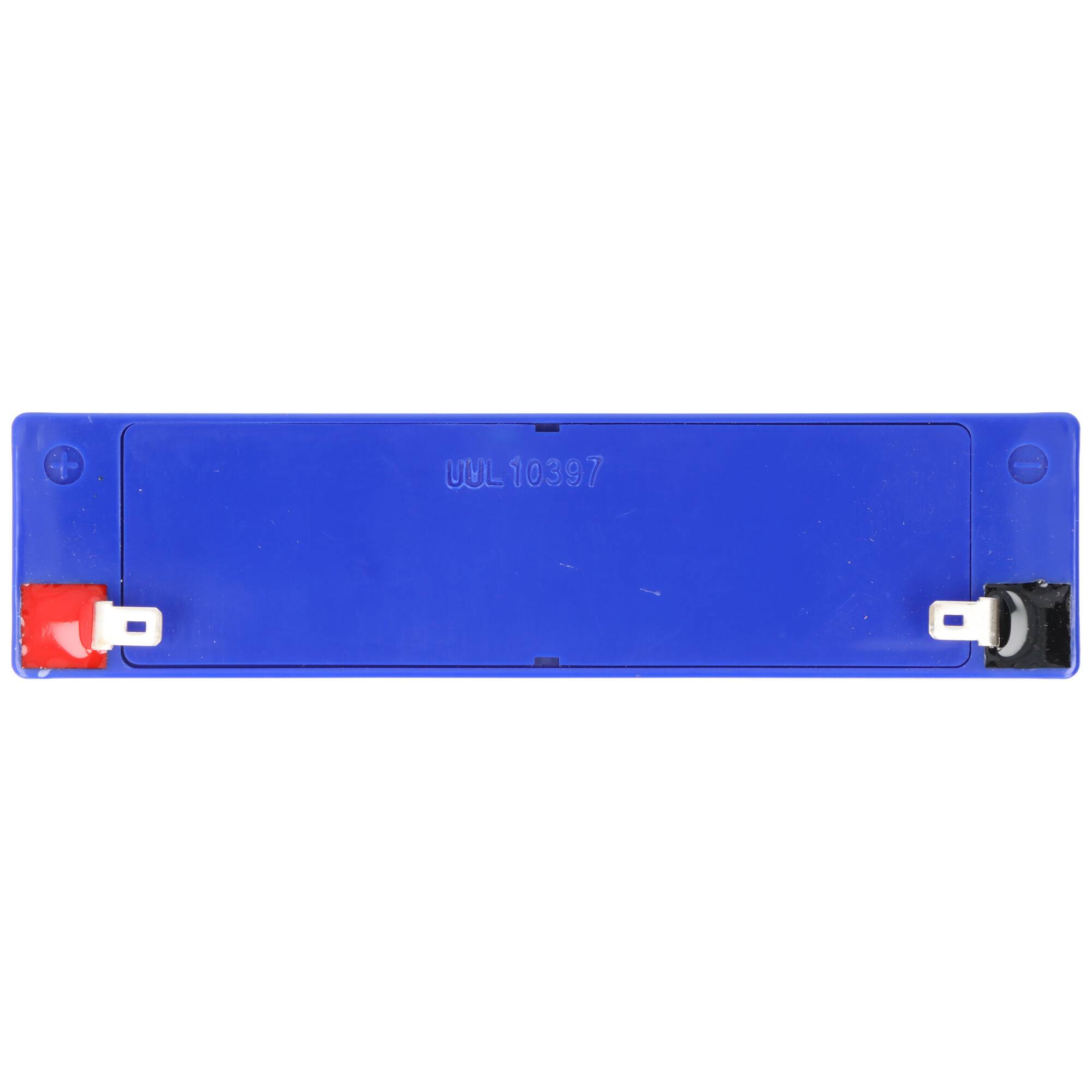 Blauer rechteckiger Batterieblock mit roten und schwarzen Anschlussverbindern an den linken und rechten Enden.