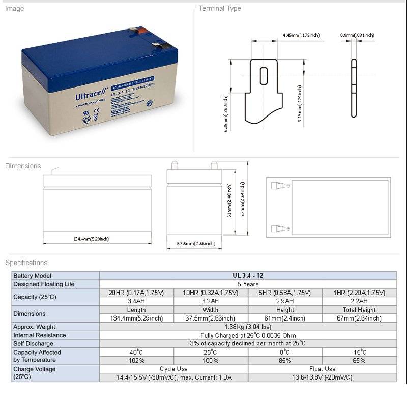 UL3.4-12 Ultracell Blei Akku 12 Volt, 3.4Ah