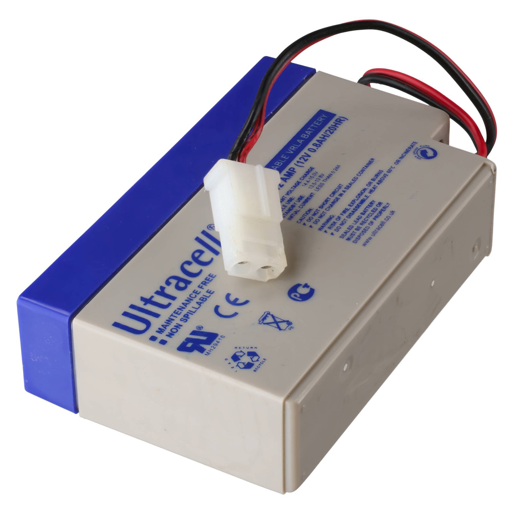 Wiederaufladbare Batterie mit roten und schwarzen Drähten und einem weißen Stecker, mit der Bezeichnung Ultracell.