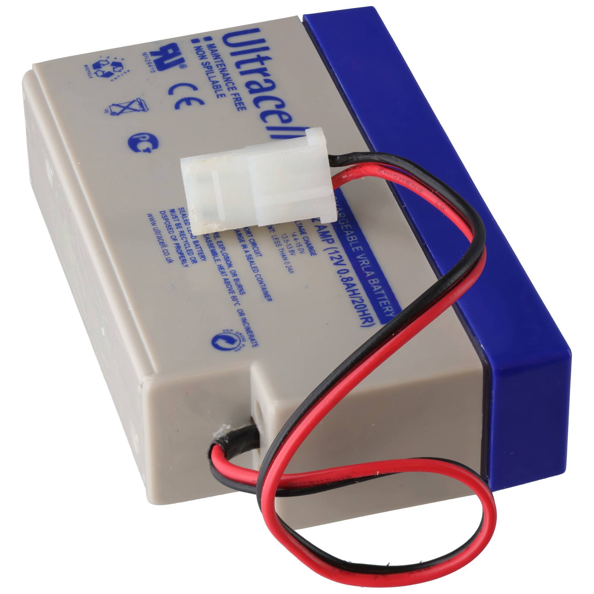 Rechteckiges UltaCell Akku-Batterieset mit roten und schwarzen Drähten und weißem Anschluss oben.